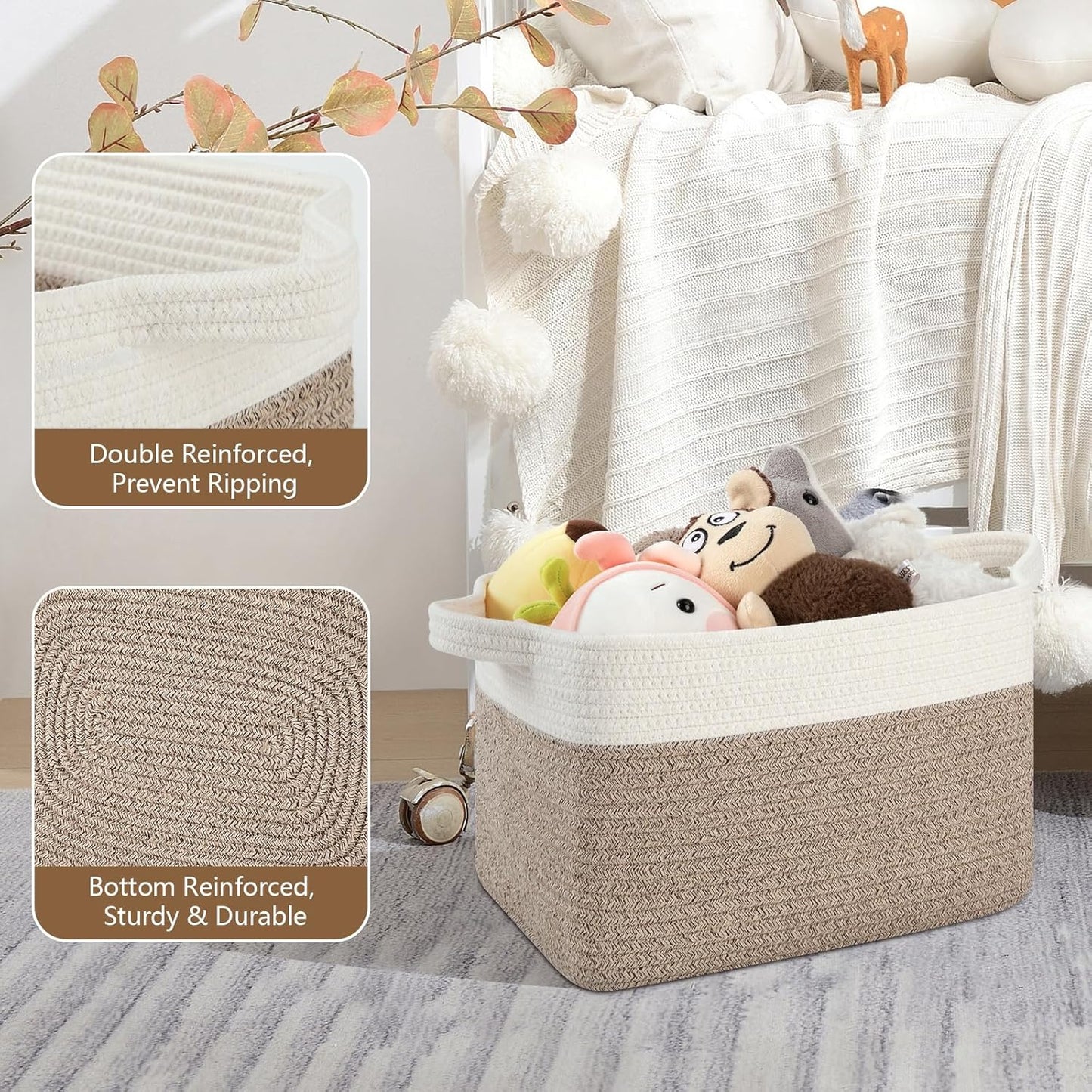 Storage Basket for Organizing, Woven Baskets for Storage, Rectangle Decorative Baskets for Shleves, Closet, Toys, Books, Nursery Organizer Bins - Pack of 3 (Brown & White, 13"x9.85"x8.7")