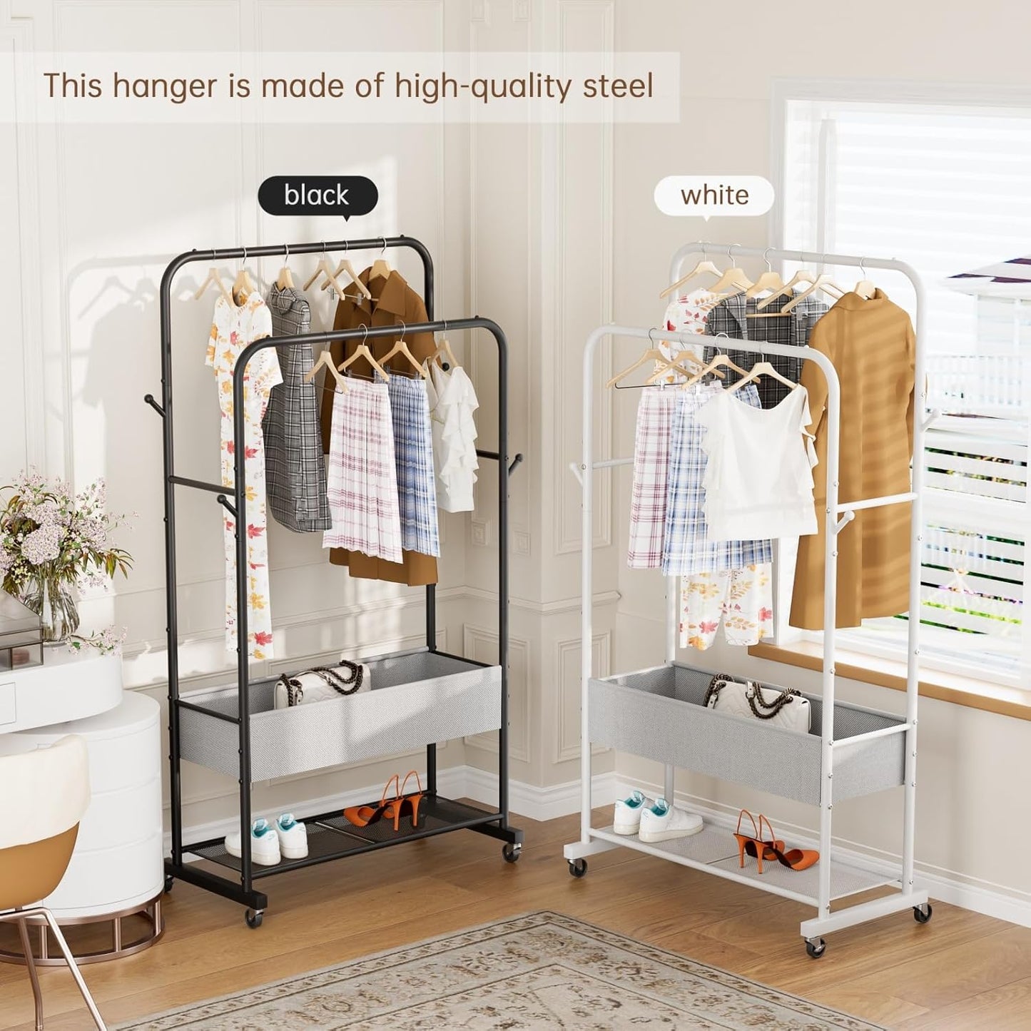 Clothes Garment Coat Rack Drying Clothing Racks Metal Freestanding for Hanging Clothes Portable Closet for Laundry Bedroom White