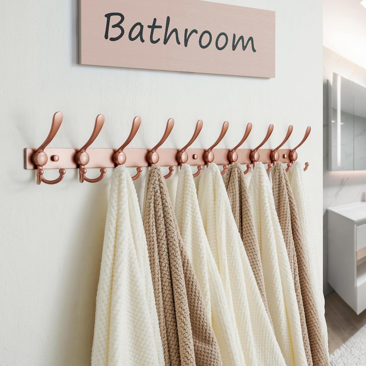 Dseap MaxStrong 2.0 Coat Rack Wall - 37” Long 10 Tri Hooks - Ultra Heavy-Duty Stainless Steel Wall Mount Coat Hanger, Hook Rail for Clothes Hats Jacket Towels Rose Gold, Pack of 2