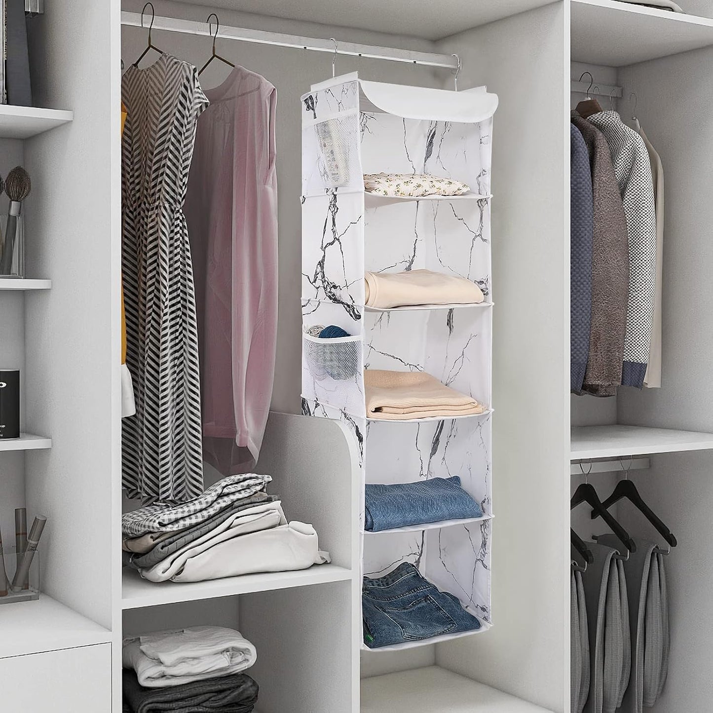 5 Shelves Hanging Closet Organizer, 2 Pack Hanging Storage with 6 Side Pockets for Clothes Shoes, 43"x12"x12"(Marblizing)