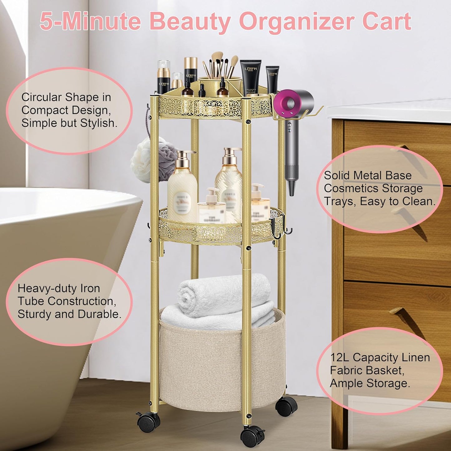 3-Tier Rolling Makeup Organizer Cart with Hair Dryer Holder - Salon-Grade Cosmetic Organizer, Mobile Bathroom Storage Cart for Skincare, Makeup Essentials -Locking Wheels (Gold Finish)