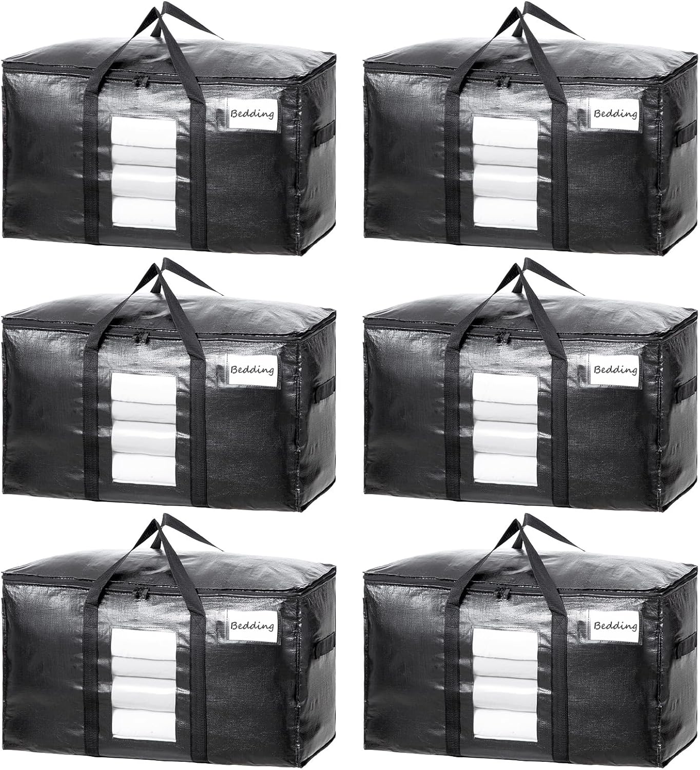 TAILI Extra Large Moving Bags, 6 Pack Black Heavy Duty Totes for Storage with Visible Window, Wrap Around Handles, Storage Bags for Space Saving, Alternative to Moving Boxes