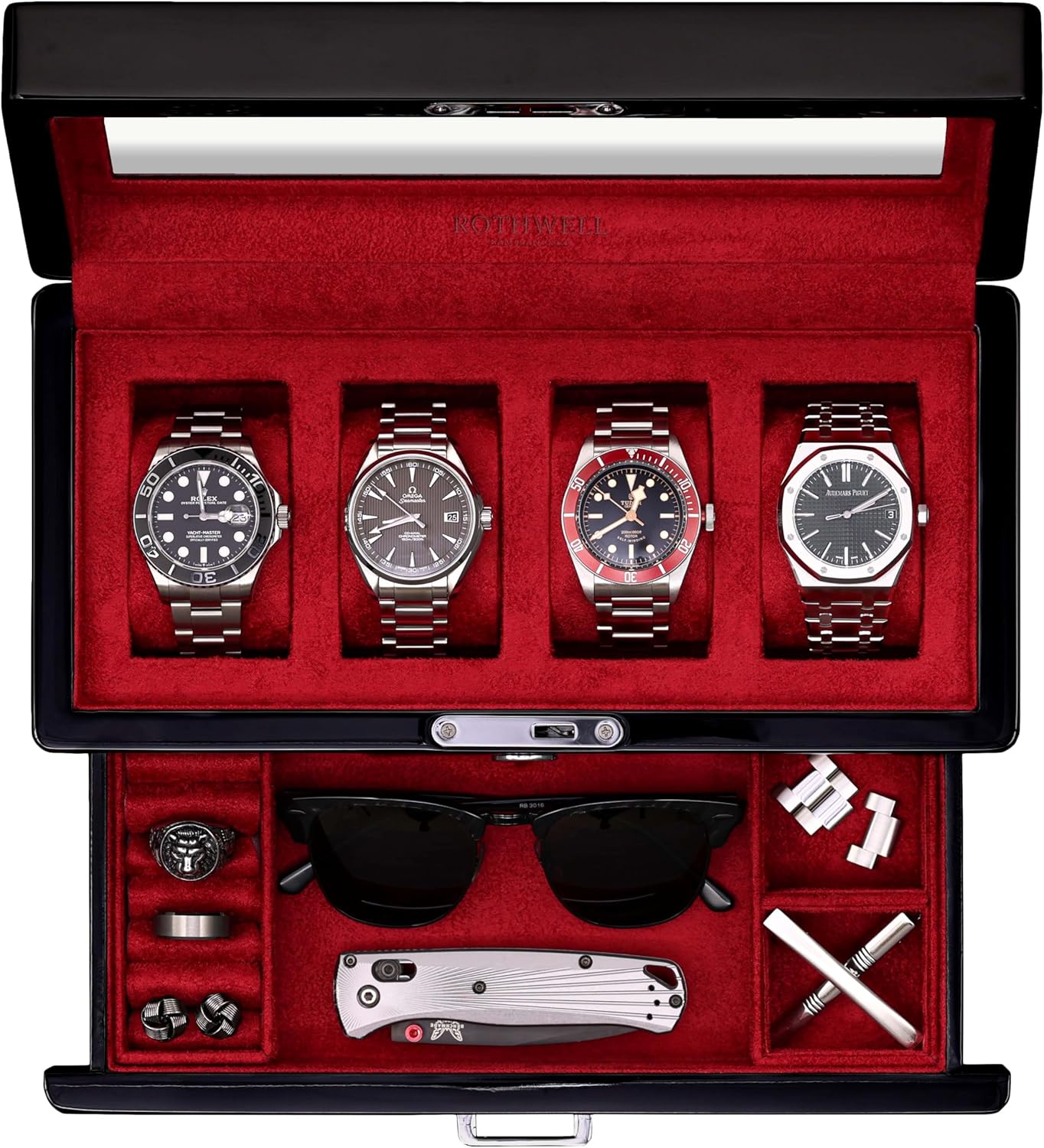 ROTHWELL 4-Slot Piano Black Watch Box with Valet Drawer - Premium Jewelry Display Case Organizer with Locking Glass Top and Microsuede Liner for Men & Women (Red Interior)