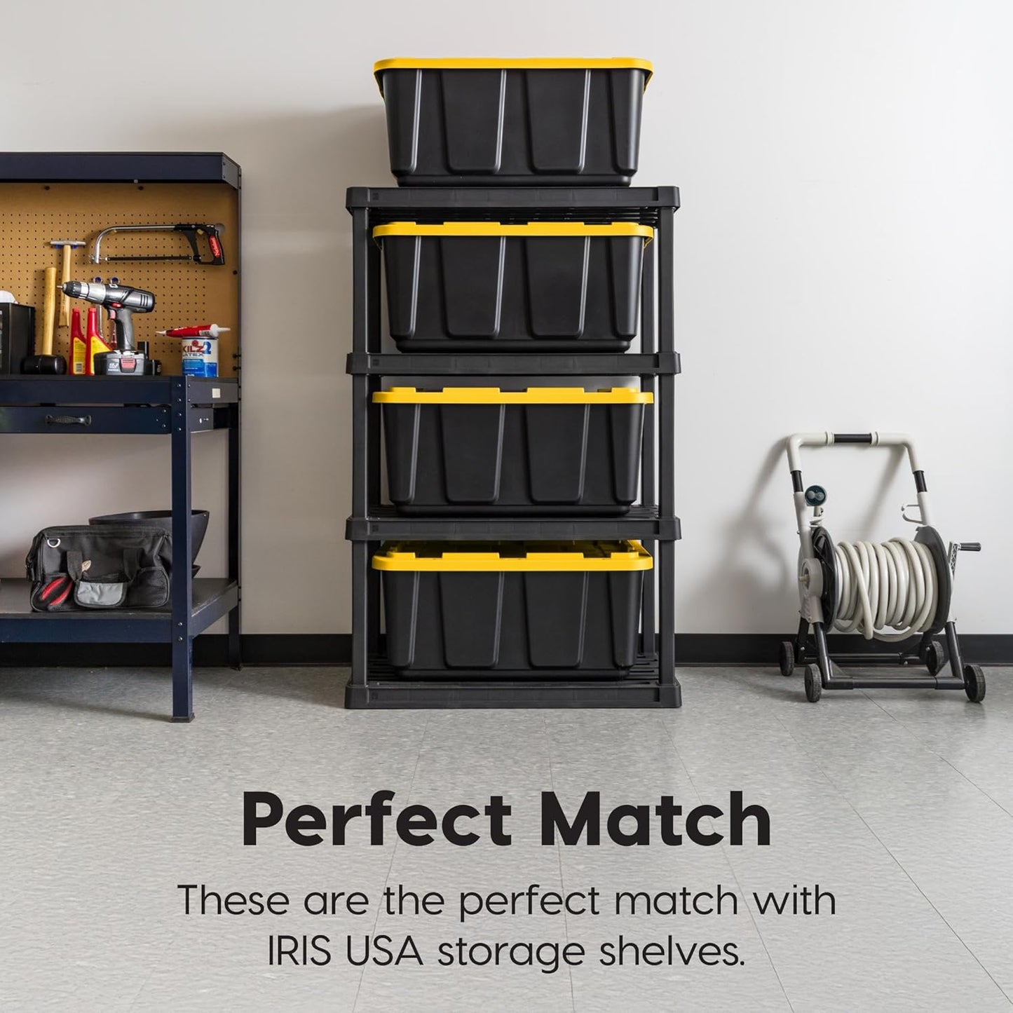 IRIS USA 27 Gallon Heavy Duty Truck Bed Toolbox Storage Tote Bins with Lids, 4 Pack - Made in USA, Tough Snap On Lockable Lid Stackable Industrial Tubs, Garage Organization Reusable Box - Black/Yellow