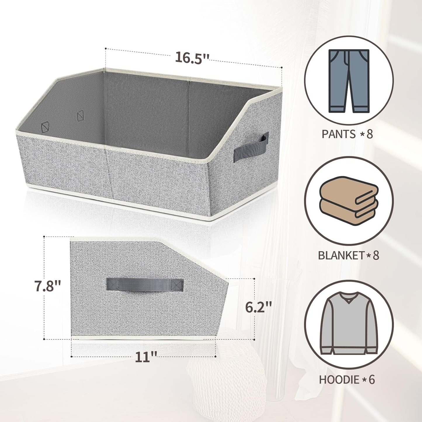 Trapezoid Bins for Organization - 8 Pack Storage Cubes, Decorative Fabric Organizer Bins, Large Baskets for Storage, Linen Storage Organizer for Clothes, Books, Home, Light Gray