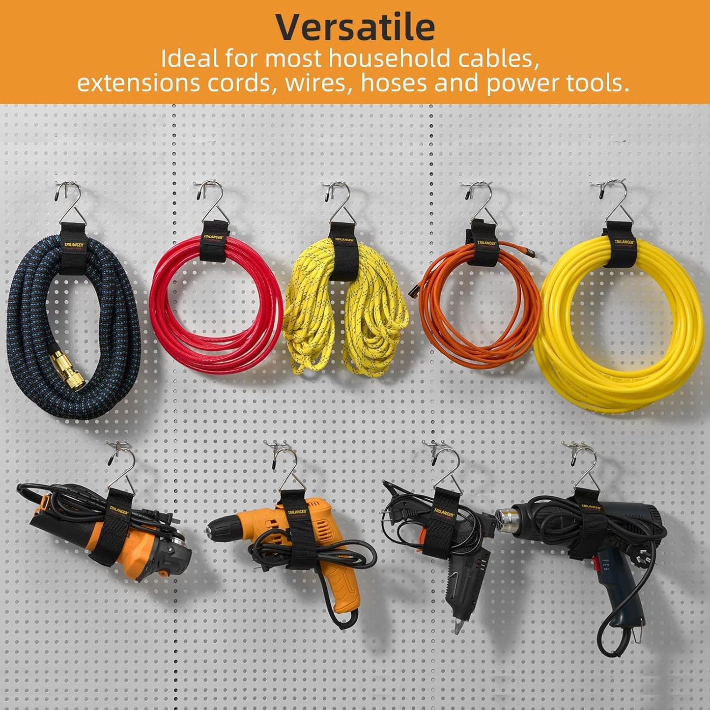 Extension Cord Organizer and Hanger (6-Pack), Trilancer Hook-and-Loop Storage Straps with Metal Hook to Hang on Walls for Cables, Wires, Rope, Hoses, Organization for Home, Garage or Workshop