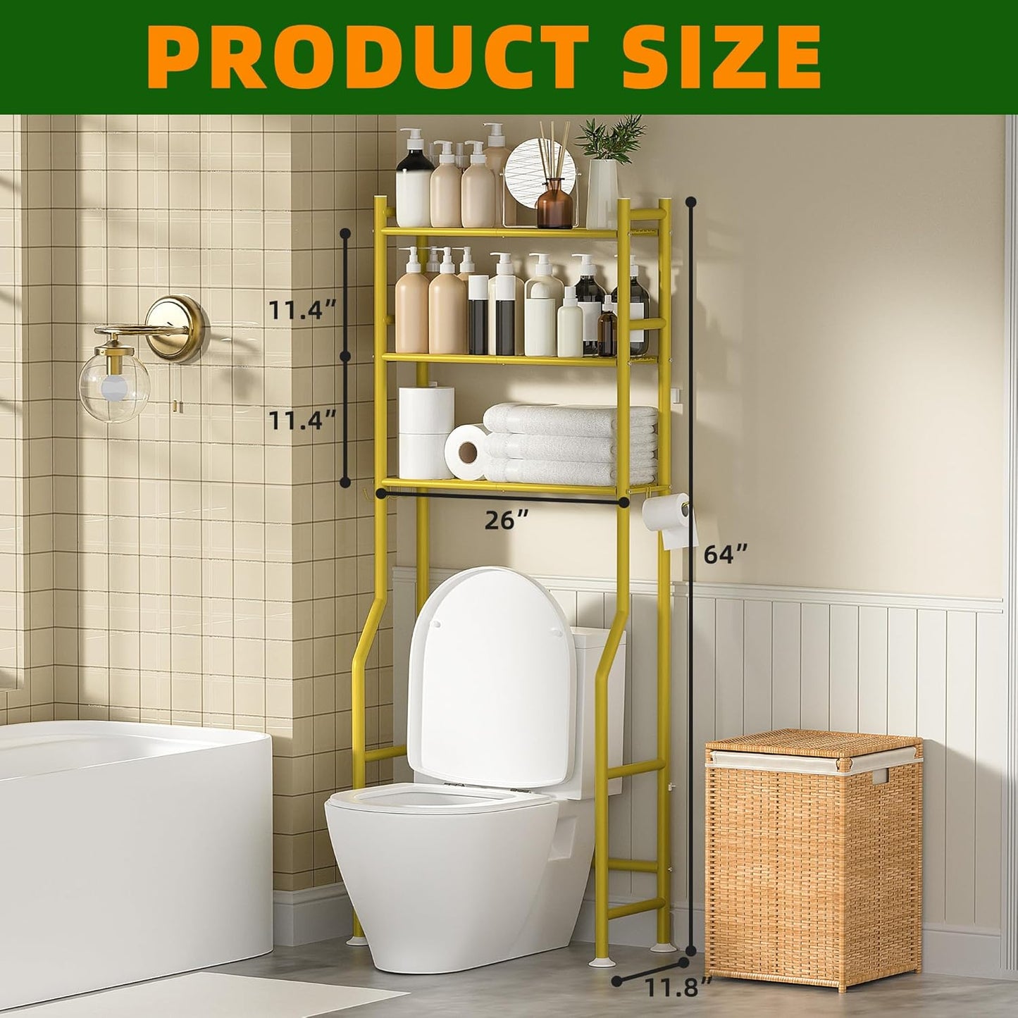 3-Tier Over The Toilet Storage, Space Saver Metal Bathroom Shelves, Freestanding Above Over Toilet Storage Shelf with 4 Hooks for Bathroom, Gold
