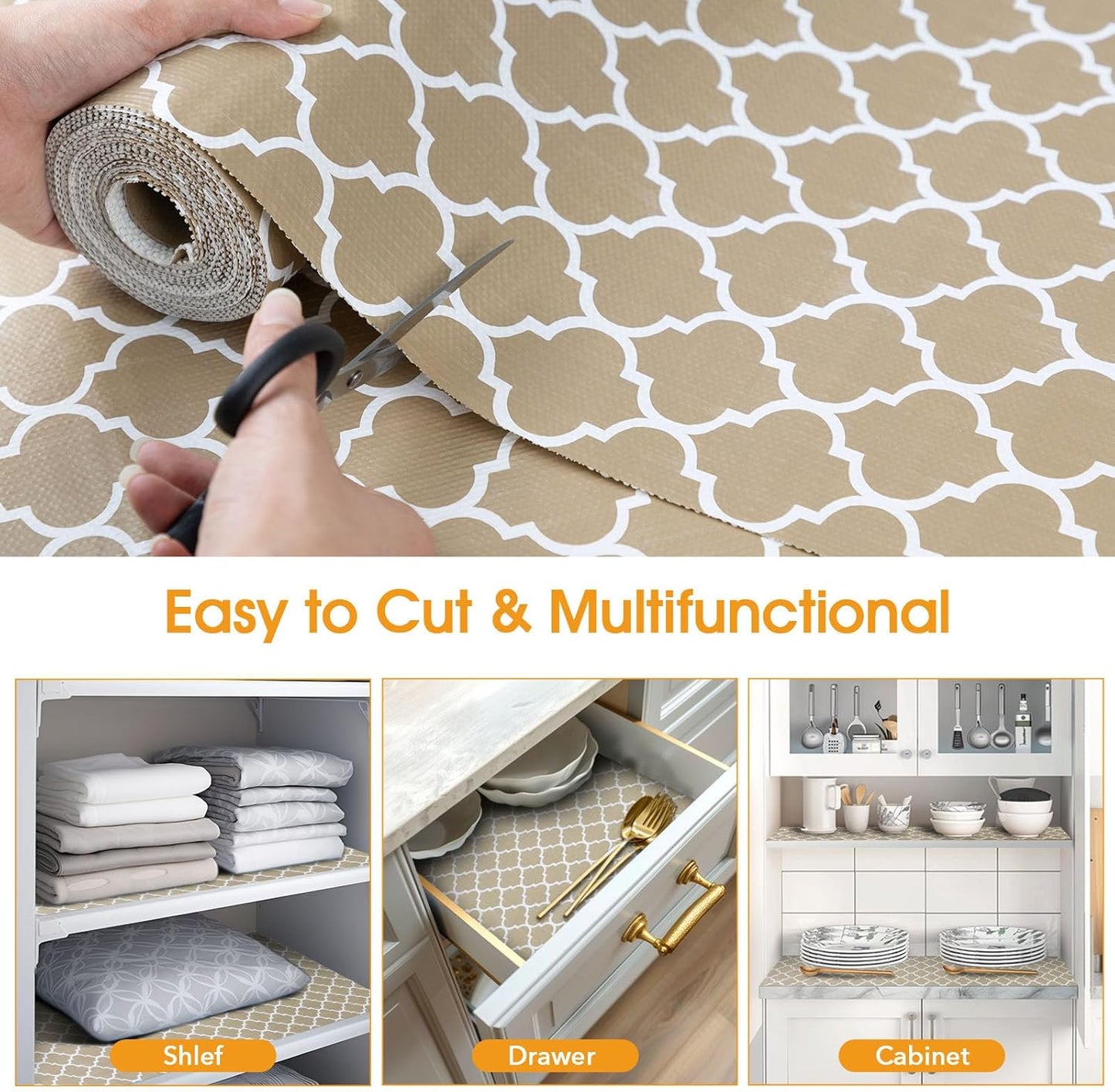Shelf and Drawer Liner for Kitchen Cabinets Non-Adhesive, Strong Grip Non-Slip Thickened Cabinet Liners for Shelves, Waterproof Mats for Dresser Cupboard, Beige, 12 in x 10 Feet