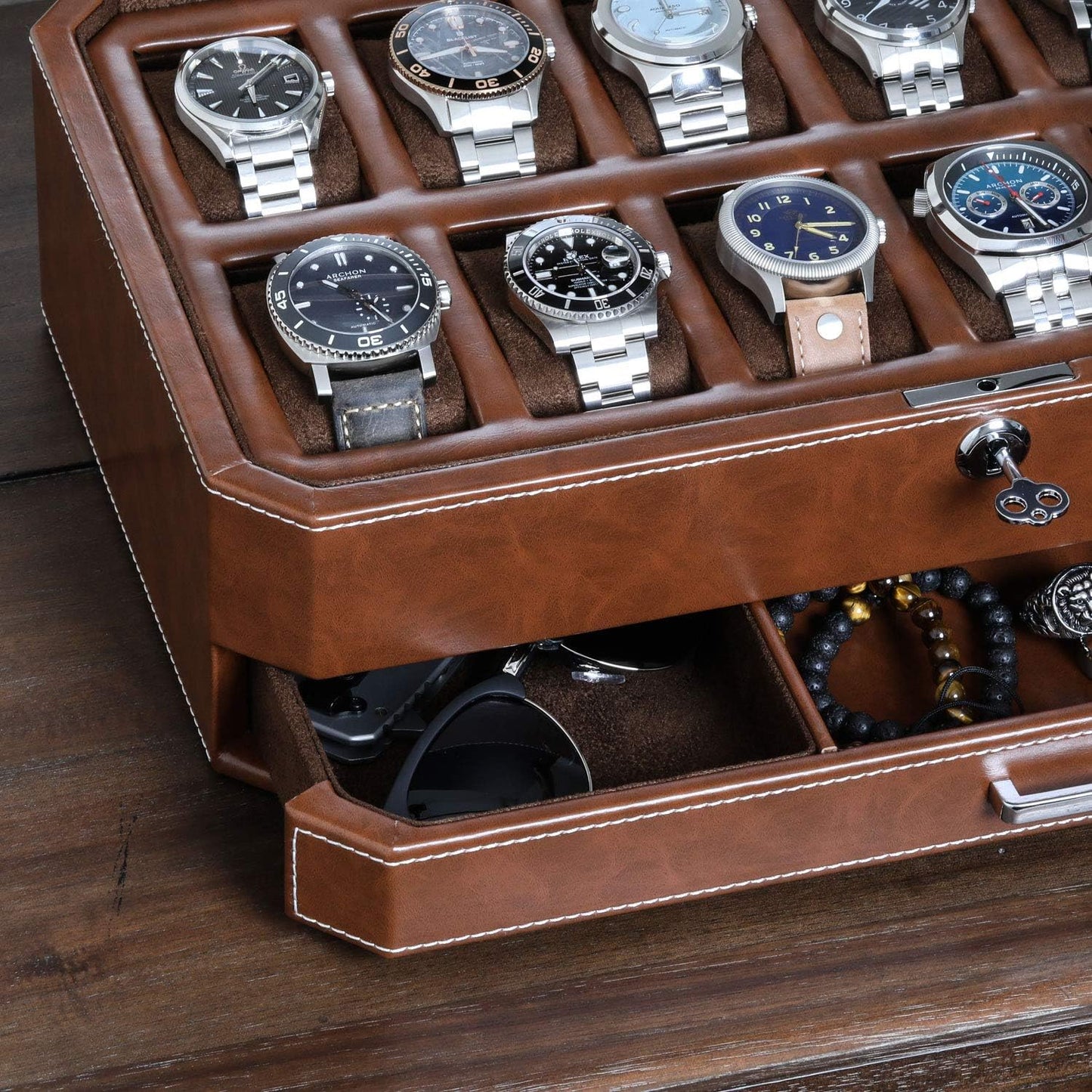 ROTHWELL 12 Slot Leather Watch Box with Valet Drawer - 12 Slot Luxury Watch Case Display Organizer, Microsuede Liner, Mens Accessories Holder, Jewelry Case, Jewelry Display Organizer (Tan/Brown)