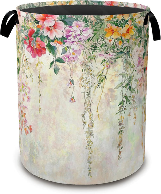 Abstract Colorful Flowers Laundry Basket,Watercolor Painting Collapsible Laundry Baskets with Handles,Waterproof Oxford Cloth Storage Basket 16"x20" for Bathroom/Bedroom/Dormitories