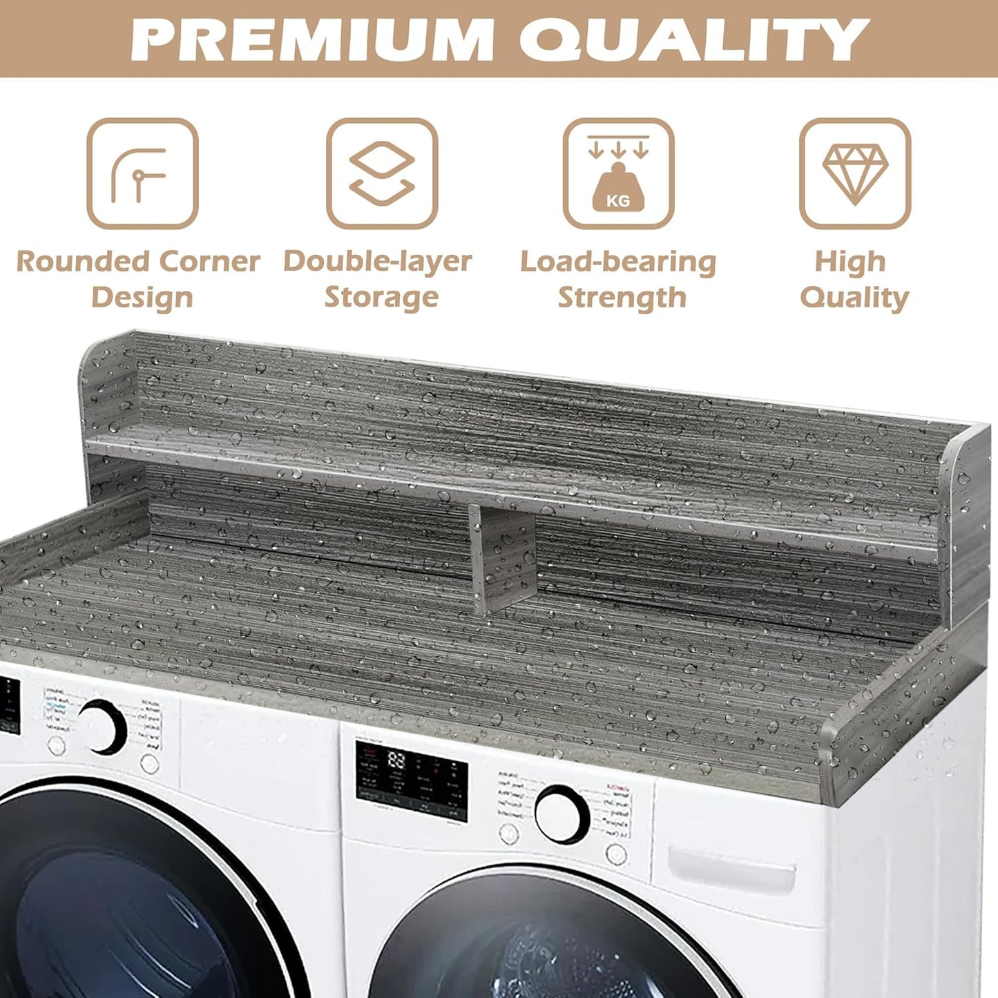 Royxen Laundry Countertop with 2-Tier Shelf Universal Fit, Washer and Dryer Countertop with Storage Space, Shelf Height 11.5 Inches, Solid Wood Core, Eucalyptus