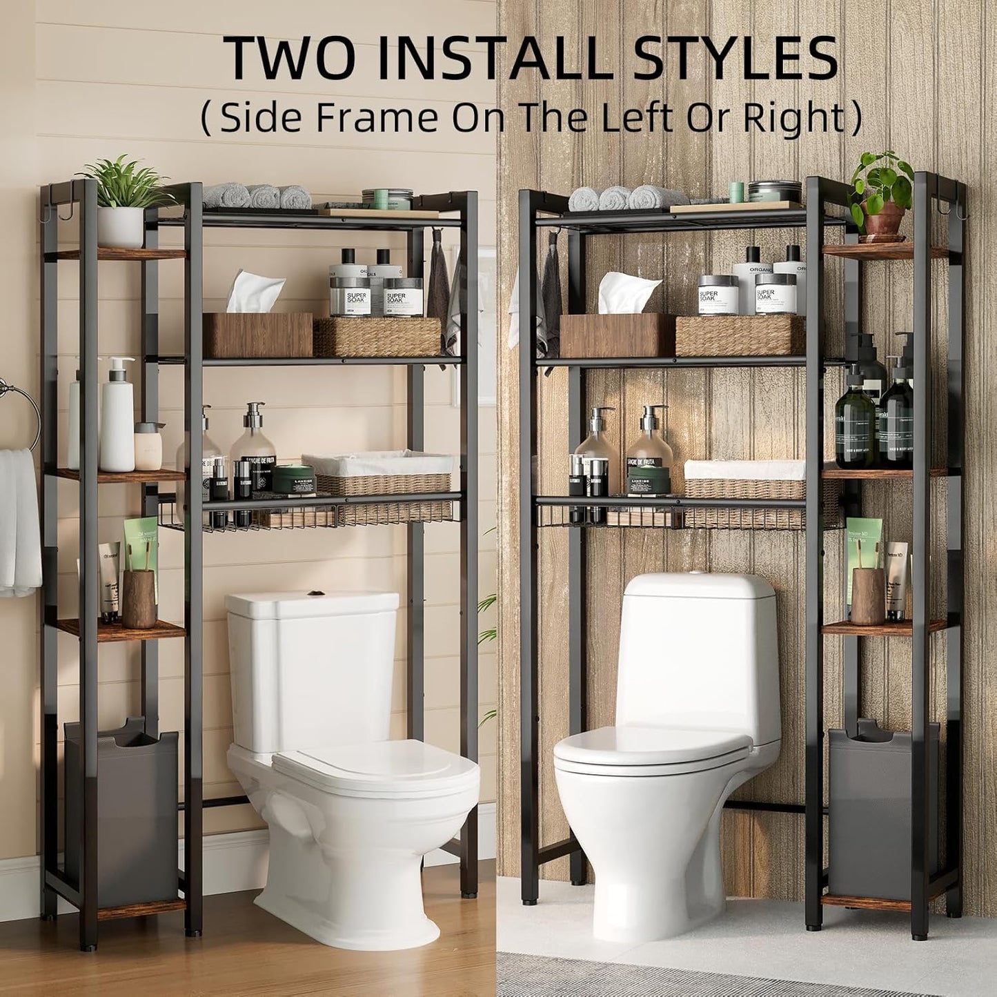 Over The Toilet Storage with Side Rack, 7-Tier Bathroom Organizer with Adjustable Shelf & Drain Basket & 4 Hooks, Freestanding Space Saver for Balcony, Laundry (Vintage Brown)