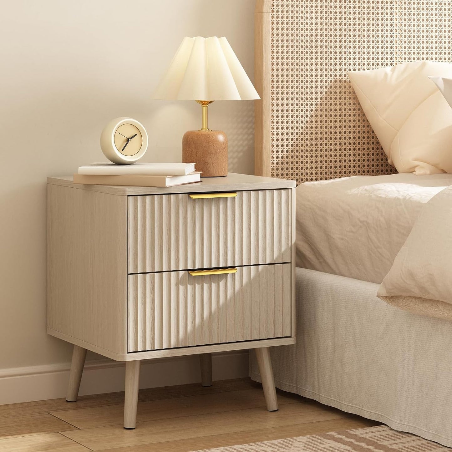 CARPETNAL Fluted Nightstand, Beige Bedside Table with 2 Drawers and Gold Handles, Wood End Table Mid Century Night Stands for Bedroom Living Room