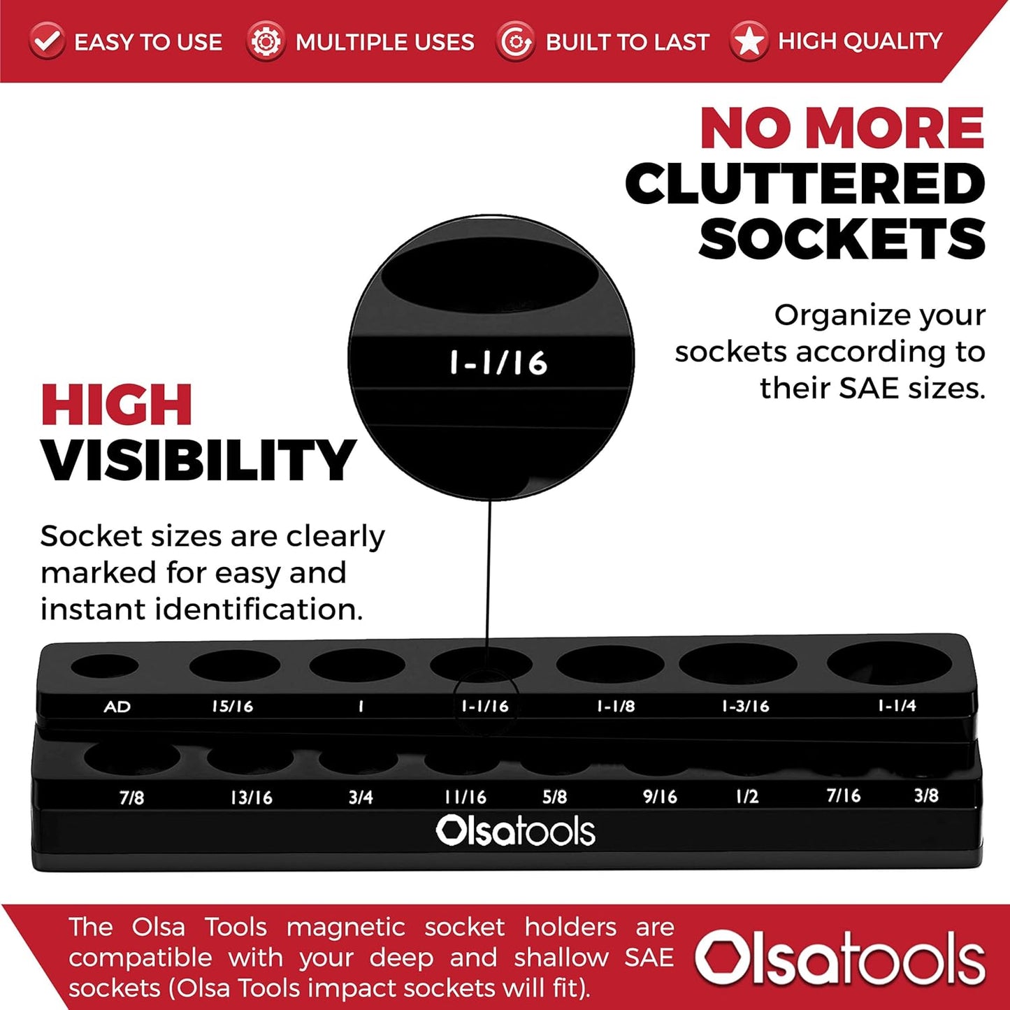 Olsa Tools Magnetic Socket Organizer | 1/2-Inch Drive | SAE | Black | Holds 16 Sockets | Professional Quality Tools Organizer