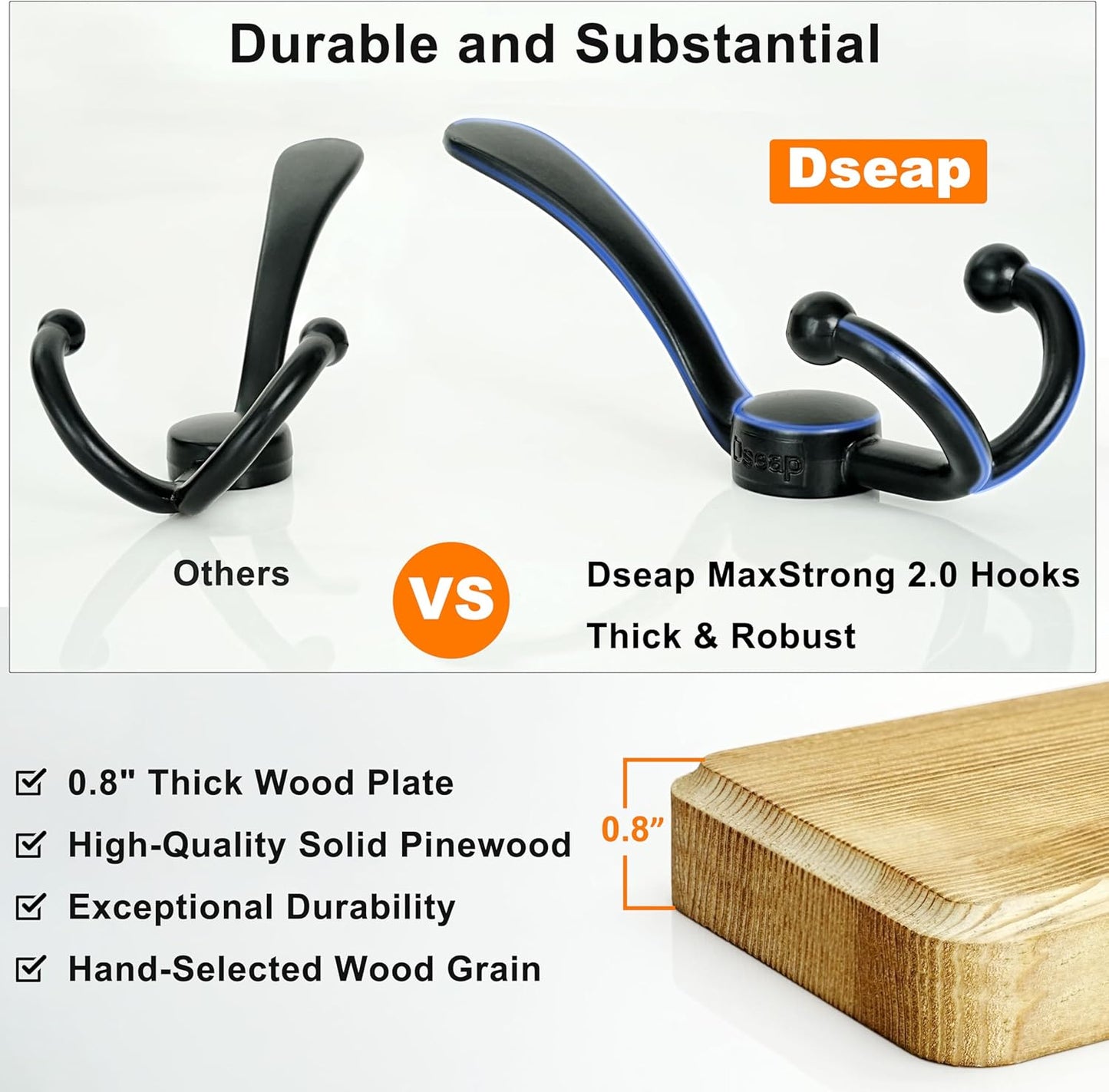 Dseap Coat Rack Wall - Heavy-Duty 38-1/4" Long, with Reinforced 10 Custom Tri-Hooks, Solid Wood Wall Hanger for Coats Hat Jackets - Rustic Farmhouse Entryway Storage, Black, Pack of 2