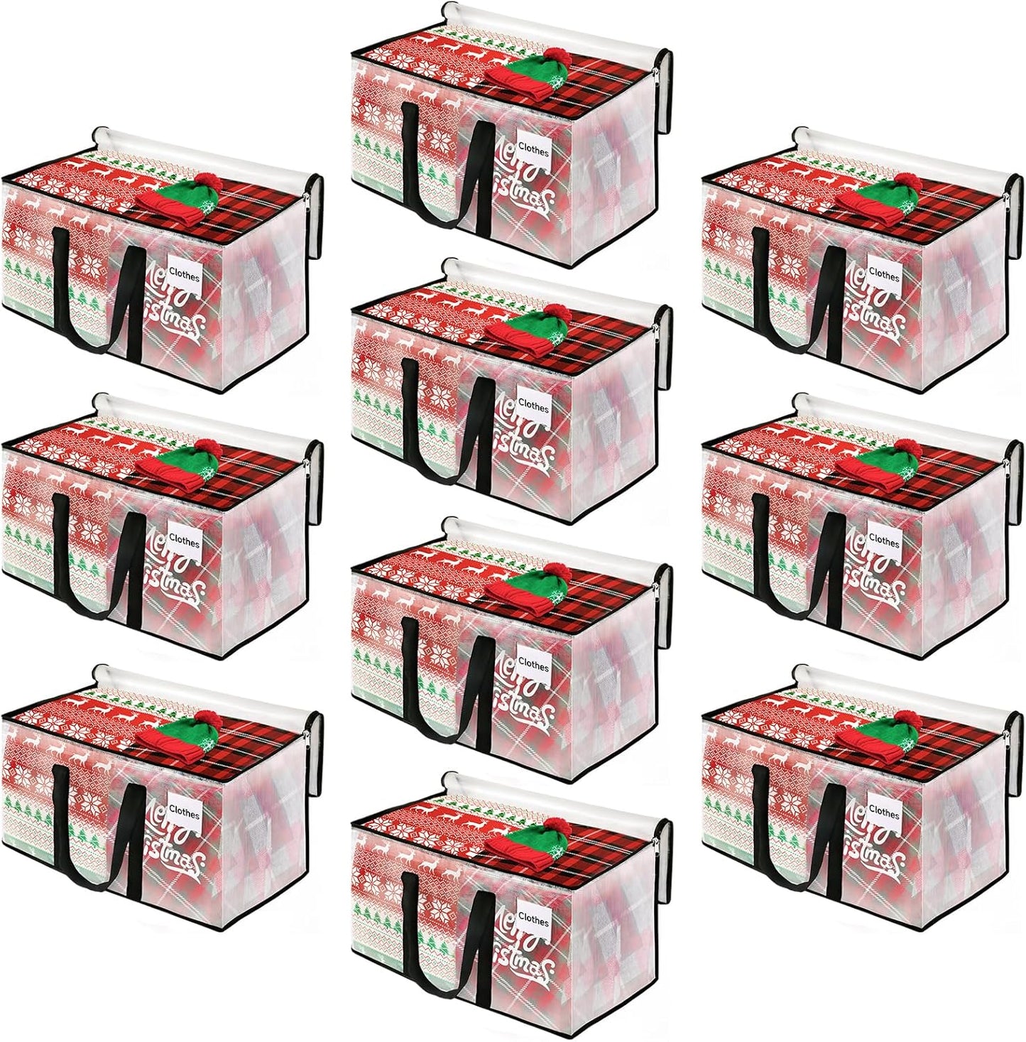 BlissTotes Moving Bags, 10-Pack Storage Bags, Moving Bags Heavy Duty Extra Large, Moving Totes, Clear Moving Bags, Reinforced Handles & Tag Pocket, Christmas Totes (125L)