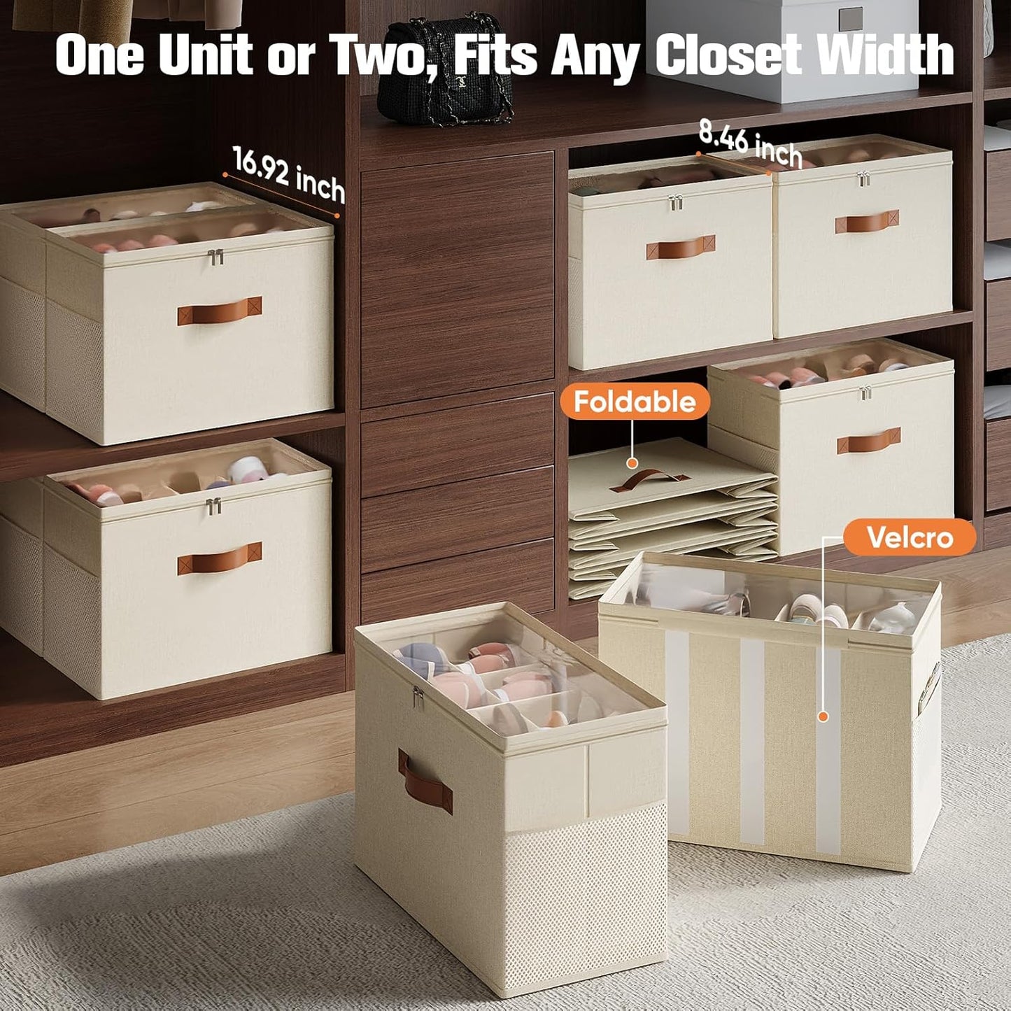 Shoe Organizer for Closet, 2 Pack Foldable Shoe Storage Organizer with Adjustable Dividers, Shoe Storage Box with Clear Cover, Fits up to 16 Pairs, Beige