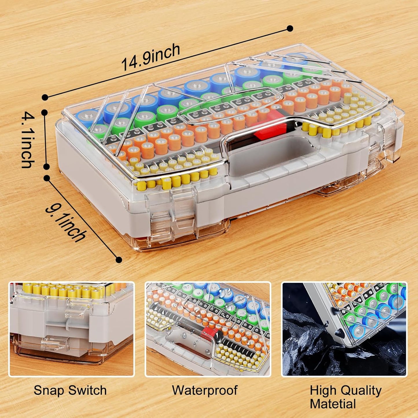 Battery Organizer Storage Holder Box Case with Tester, Stores & Protects Up to 285+ Batteries, Double-Sided and Durable Design,Holds AA AAA 4A C D Cell 9V 3V Lithium LR44 CR2 CR123 (Grey)