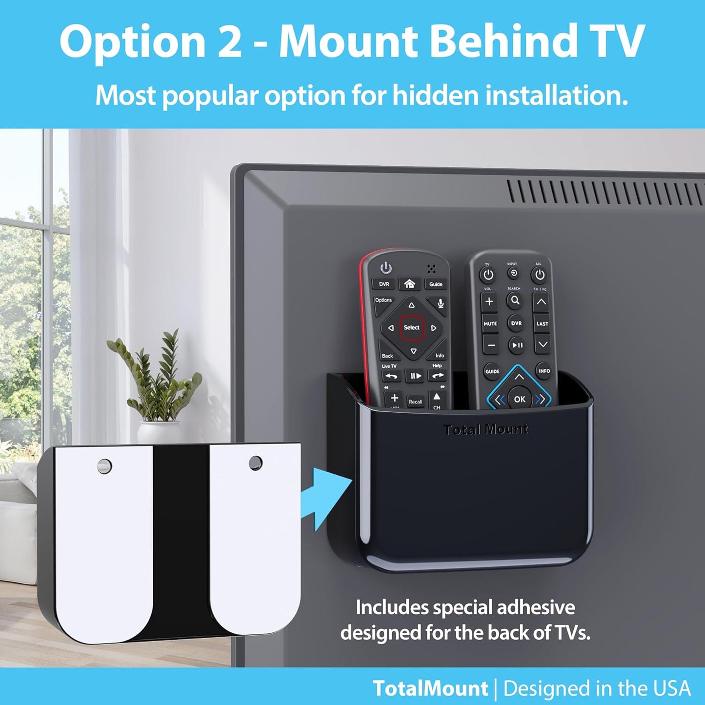 TotalMount Universal Remote Control Holder – Attaches to Wall or Back of TV – Compatible with All TV Remotes (Premium Black, Large Two Pack)