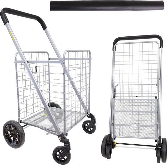 dbest Products Cruiser Cart Deluxe 2 Germ Guard Bundle Shopping Handle Grocery Rolling Folding Laundry Basket on Wheels Foldable Utility Trolley Compact Lightweight Collapsible