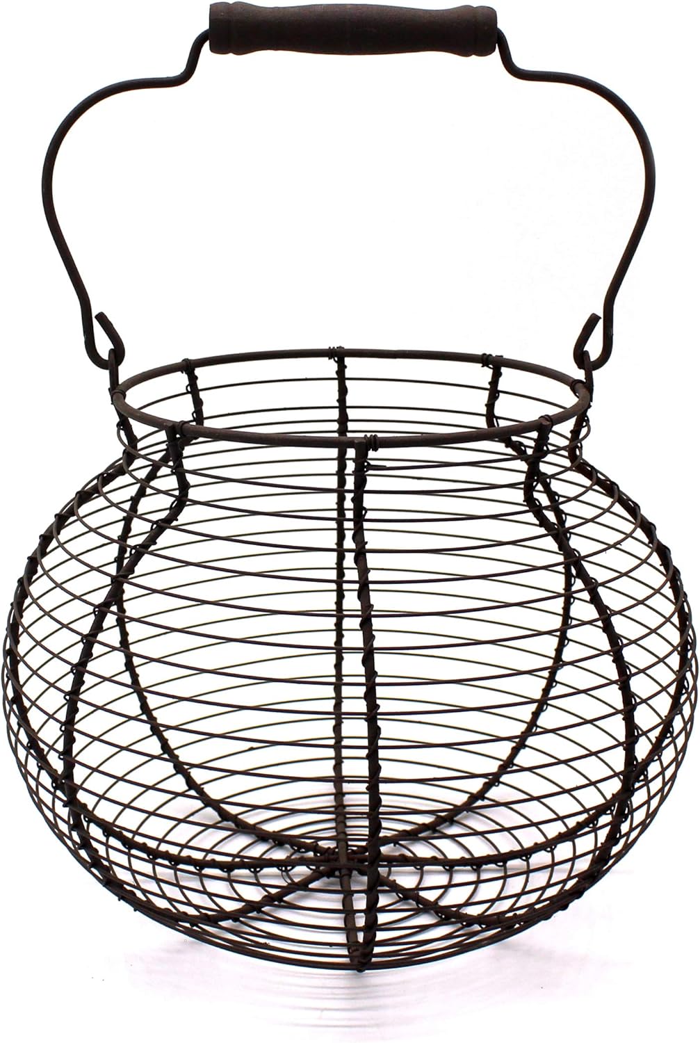 CVHOMEDECO. Antique Wire Egg Basket with Wood Handle Primitives Vintage Gathering Basket. Rusty