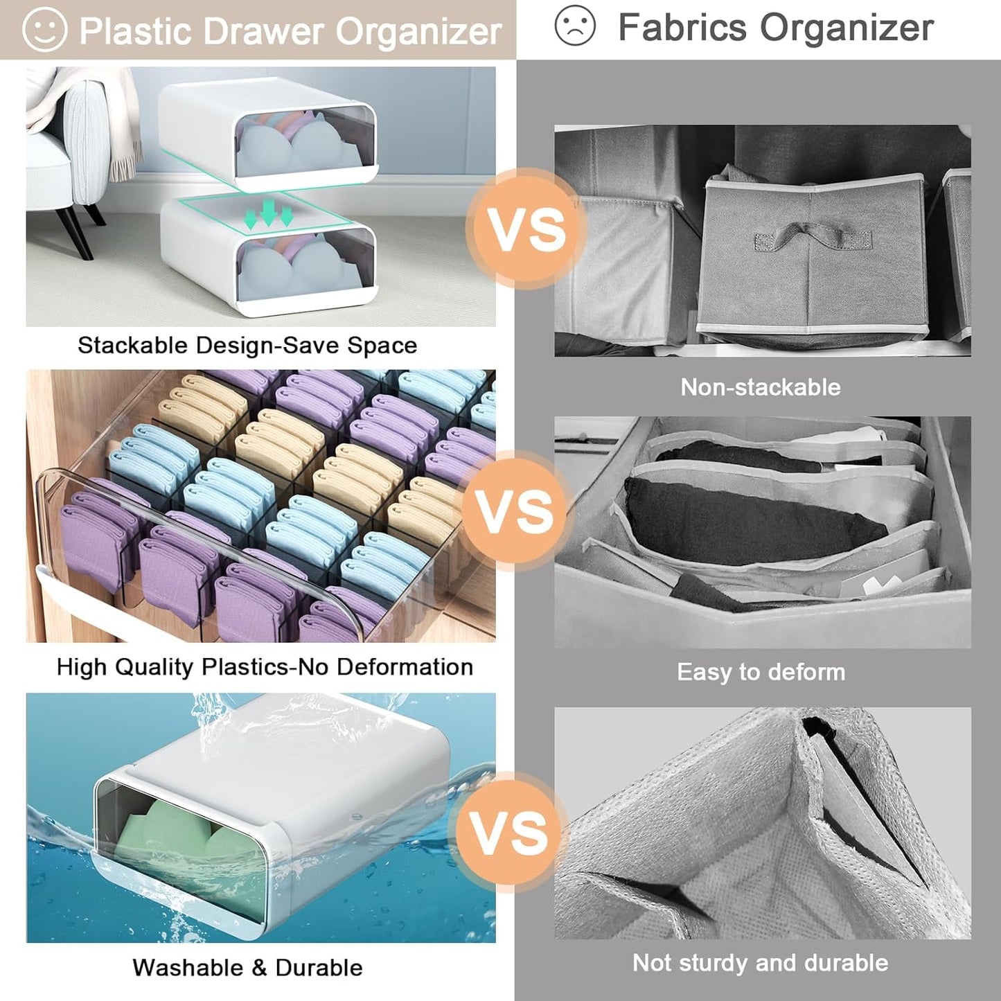 Underwear Organizer Drawer, 24 Cells Plastic Sock Underwear Storage Drawer, Stackable Closet Organizers and Storage Box for Bras, Socks, Scarves, Ties, Belt (King Size-White, 1 Pcs)