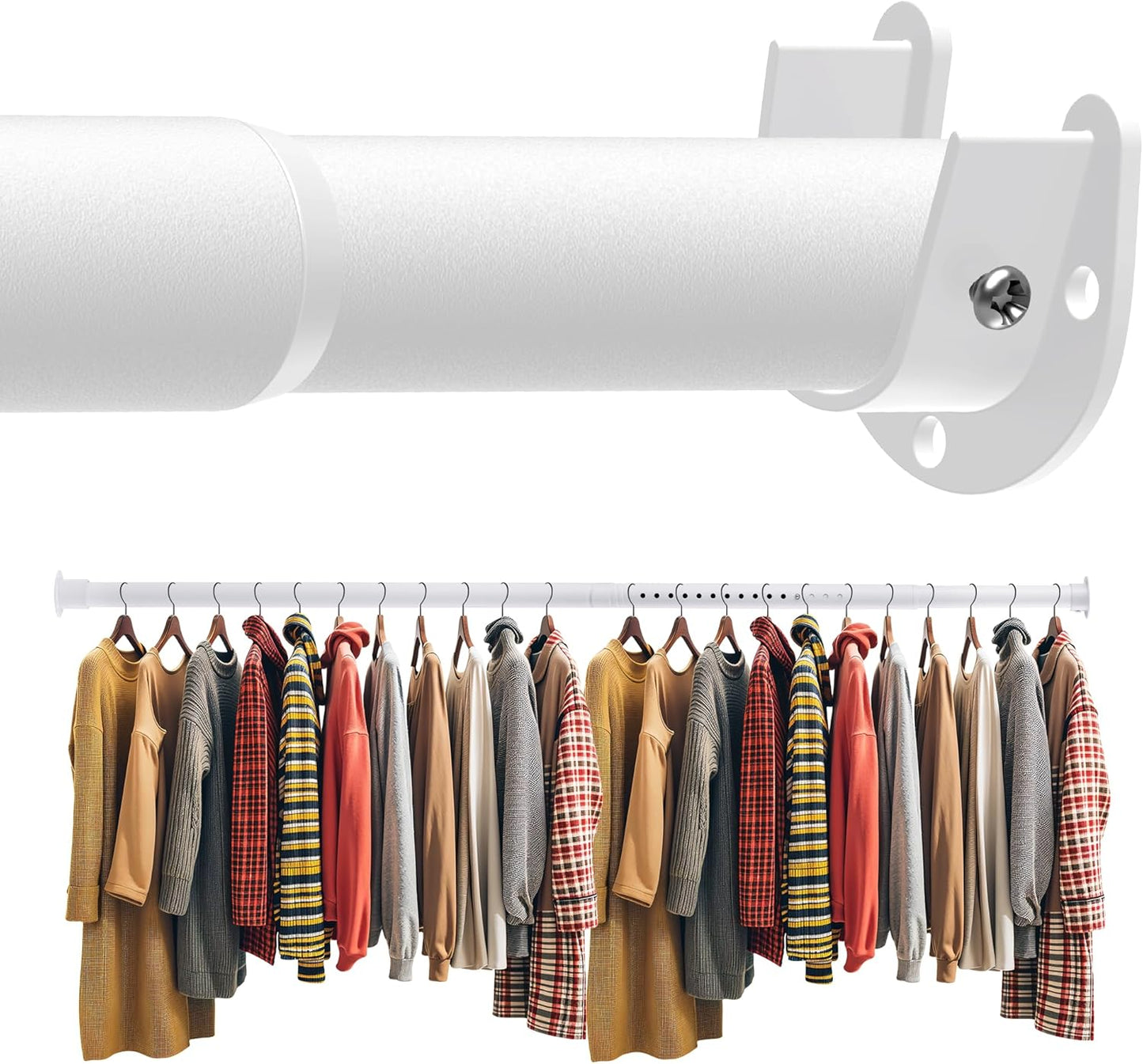 Closet Rod 30-63 Inches, Adjustable Heavy Duty Metal White Closet Rods for Hanging Clothes 1.3 Inches Diameter for Wardrobes Laundry
