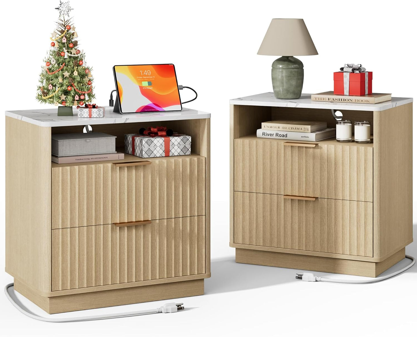 Large Fluted Night Stand Set of 2 with Charging Station, 23" Modern End Table with Faux Marble Top, 2 Drawers Nightstand with Storage for Bedroom Living Room, Curved Profile (Natural Oak)
