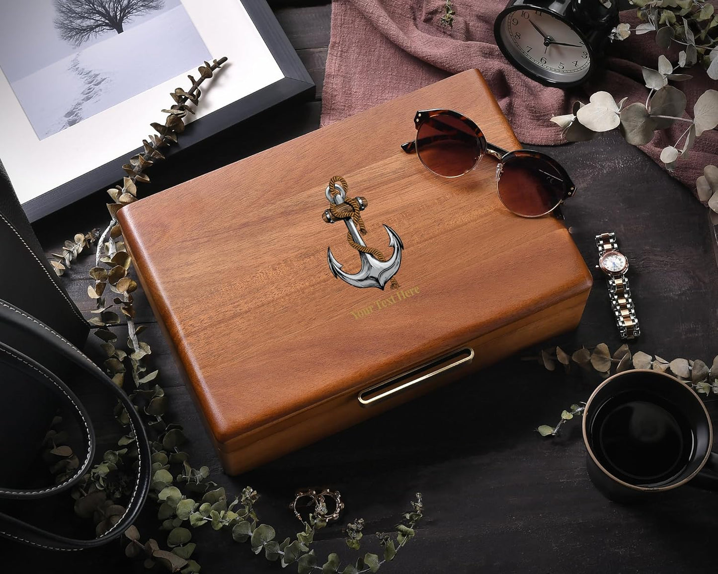Shanik Wooden Large Watch Box for Men - Personalized Storage with 5 Slots for Watches - Organizer Box for Personal Stuff with Print Design