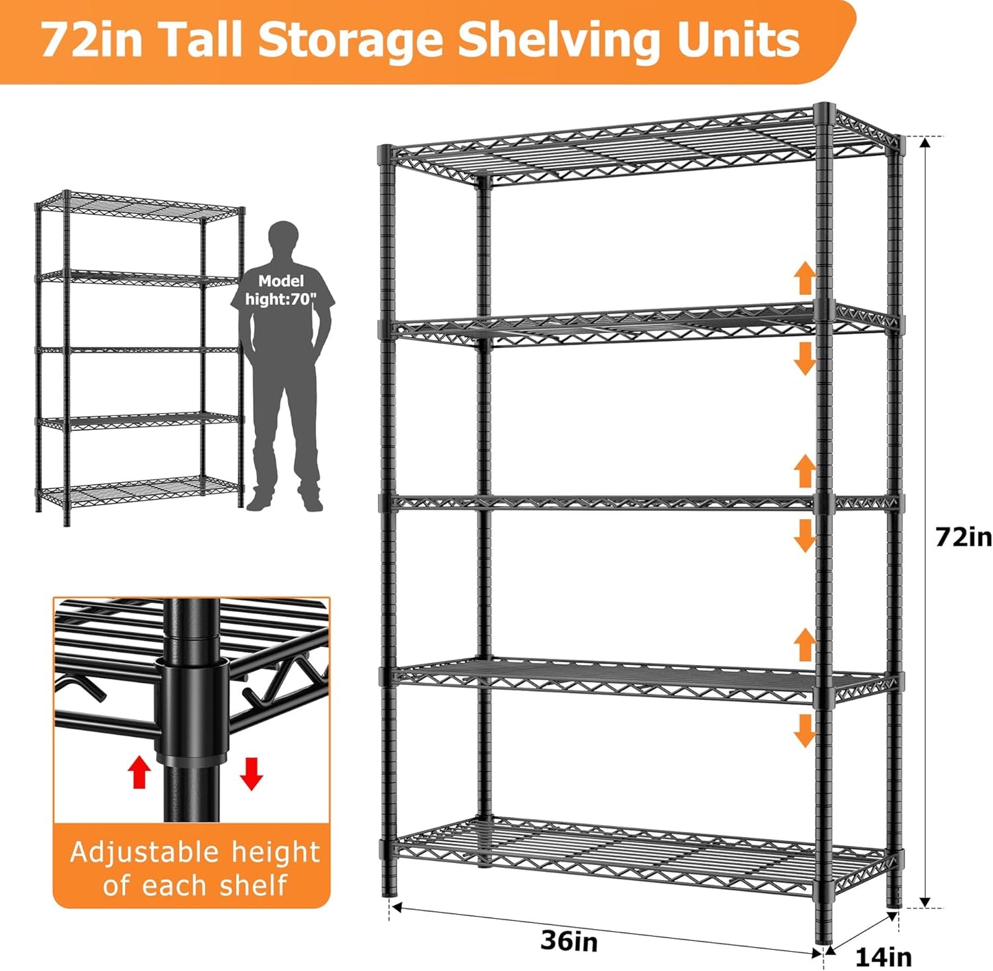Storage Shelves Heavy Duty, 36" L x 14" W x 72" H Garage Wire Shelving Unit Loads 1750LBS, 5-Tier Adjustable Metal Industrial Utility Shelf Rack for Kitchen, Laundry Room, Pantry, Warehouse, Basement