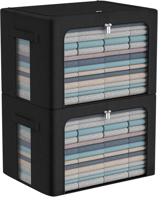 CYhom Extra Large Clothes Storage Bins Box - Linen Fabric Foldable Stackable Container Organizer Set with Clear Window & Carry Handles & Metal Frame (Black, Extra Large-100L)