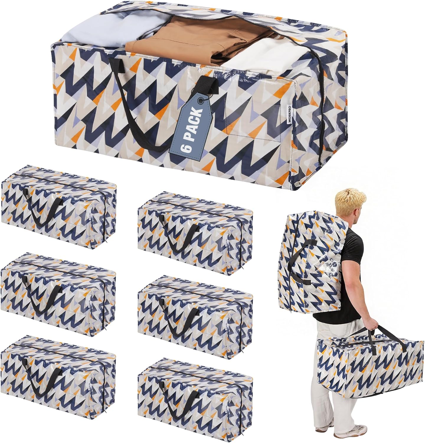 WORKPRO 6 Pack Extra Large Moving Bags with Zippers & Carrying Handles Backpack Straps, Heavy-Duty Storage Tote for Space Saving & Storage, Alternative to Moving Box (W - Alphabet Printing)