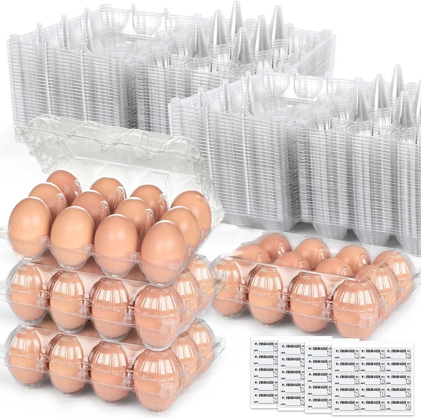 LOVEINUSA 60 Pack 12-Count Clear Plastic Egg Cartons with 60 Date Labels, Reusable PET Dozen Egg Holders for Medium Chicken Eggs, Clamshell Cartons for Farm, Home Fridge & Market Display