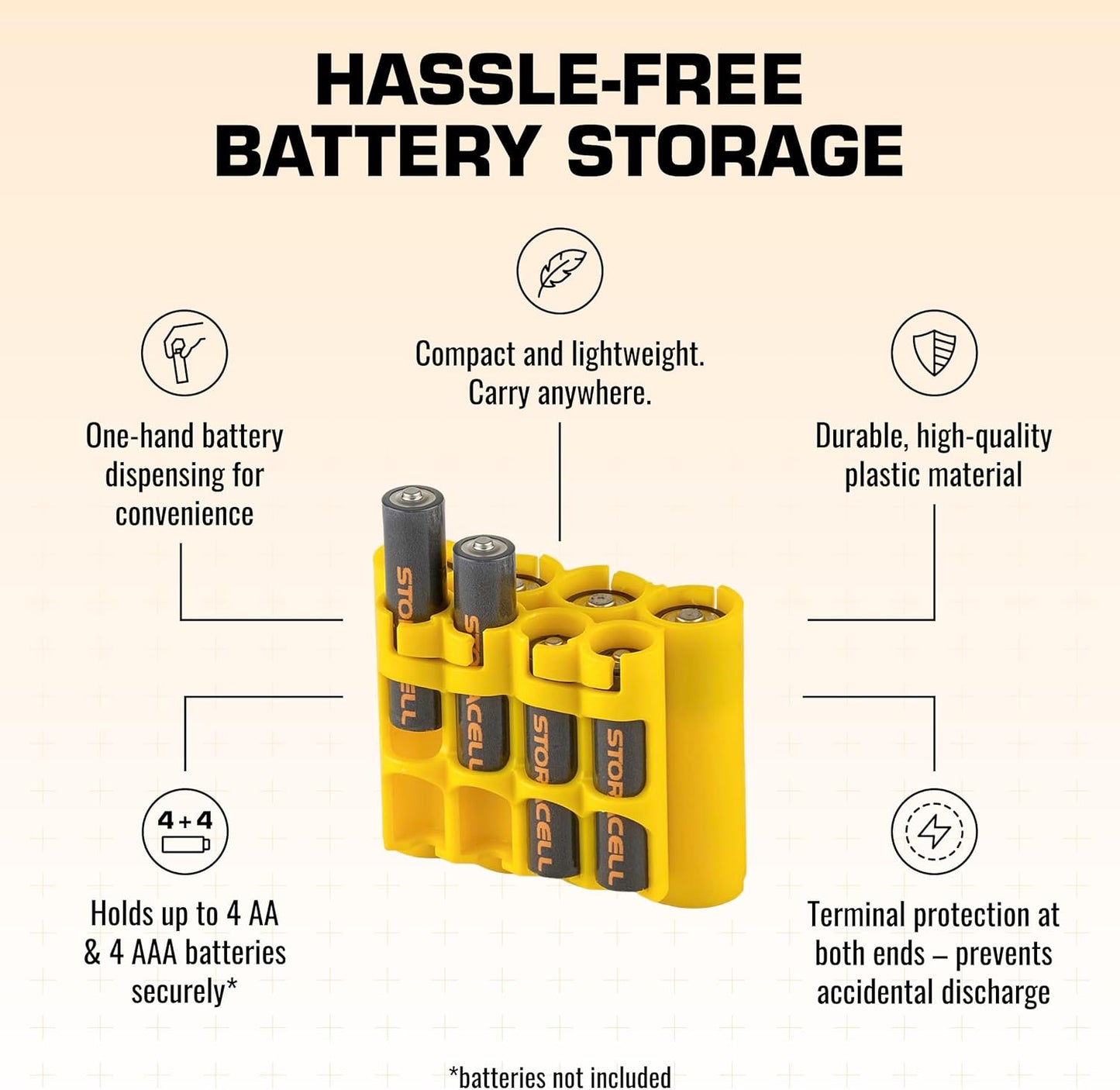 Storacell AA + AAA Combo Battery Storage Caddy and Dispenser (Pack of 2), Yellow, Holds 4 AA + 4 AAA Batteries (Not Included), Durable & Compact, The Original Battery Caddy, Made in USA