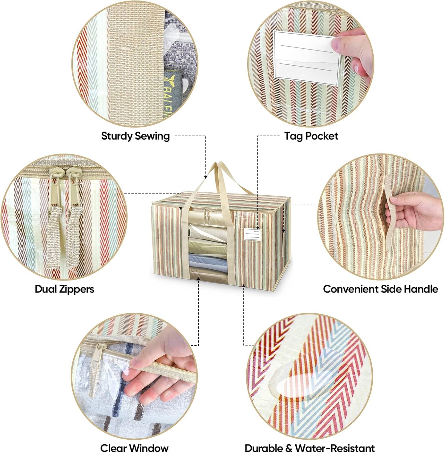 BALEINE 4-Pack Oversized Moving Bags with Reinforced Handles, Heavy-Duty Storage Tote Moving Supplies for Packaging, Camping (Color Stripe, 4-Pack)