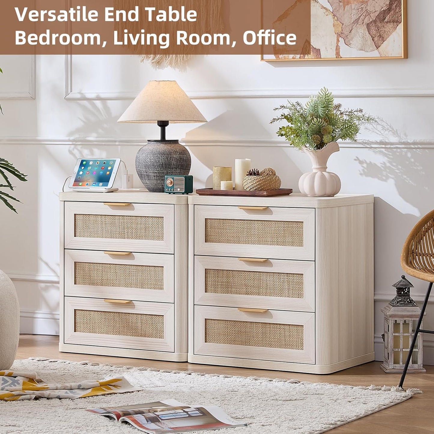 LEYAOYAO Rattan Night Stand with Charger Station, 23" Large 3 Drawer Boho Nightstand, Grey White Bedside Table Storage Cabinet, Bed Side End Tables for Bedroom, Living Room, Hallway