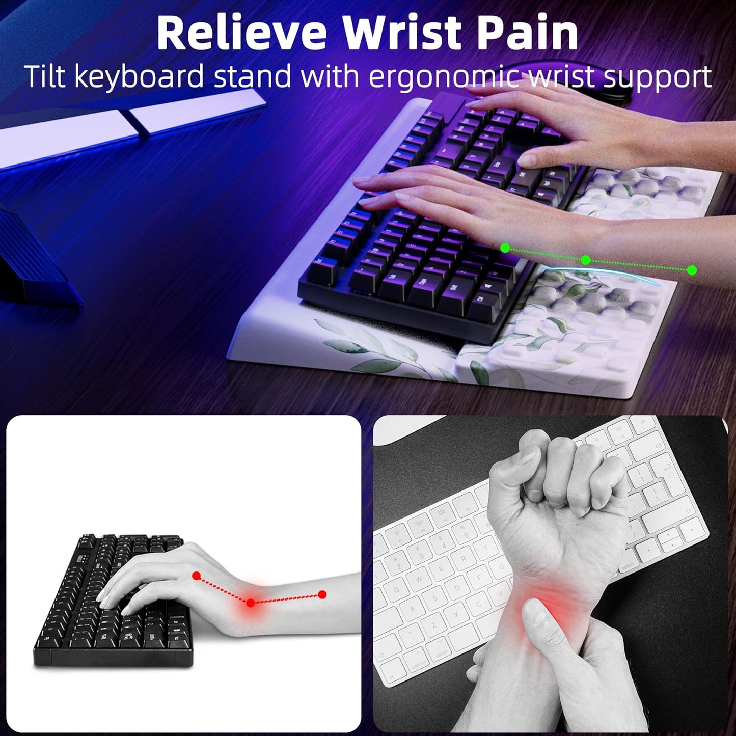 Ospelelf Keyboard Wrist Rest Pad Comfy Ergonomic Keyboard Stand Holder Office Desk Accessories Work from Home Essentials Green Leaves Pattern