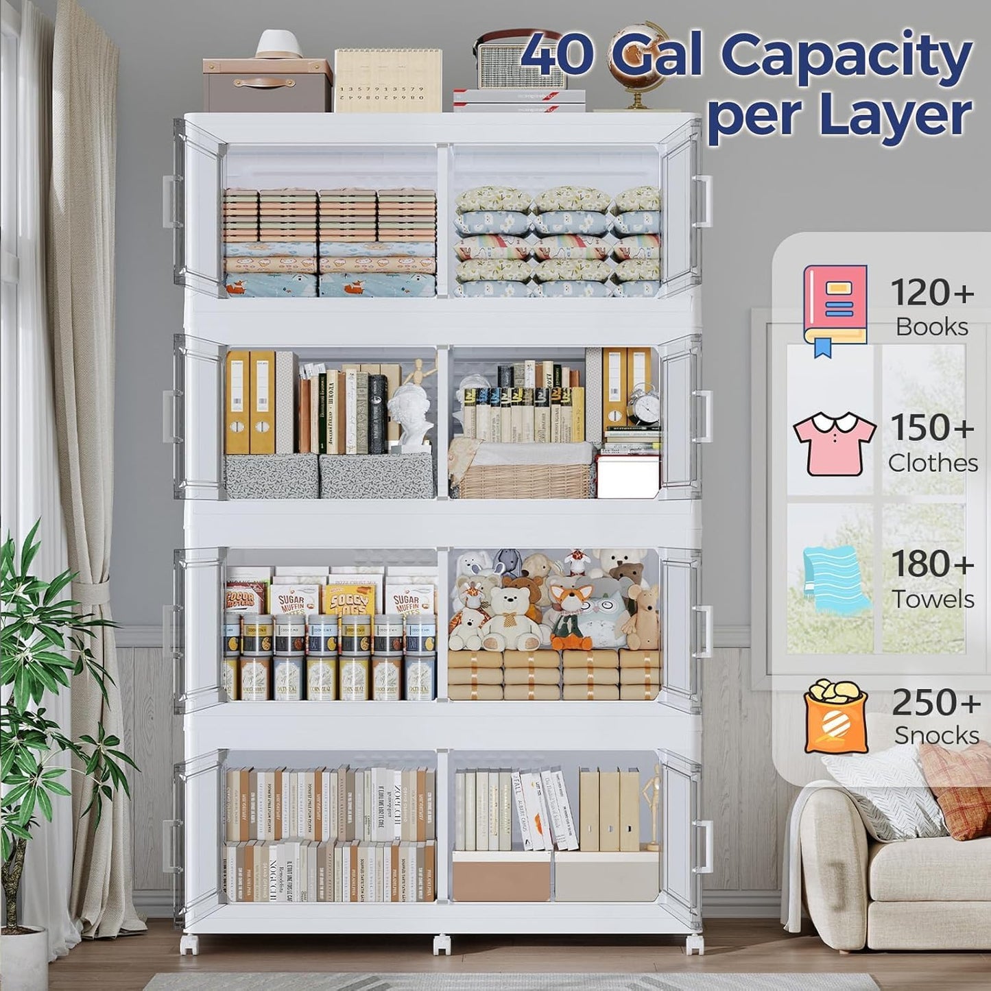 160Gal Stackable Storage Bins with Lid, 640Qt Extra Large Collapsible Storage Box with Wheels, Dividers, Folding Plastic Cabinet Closet Organizers for Home Kitchen Office Dorm, 4Pack White