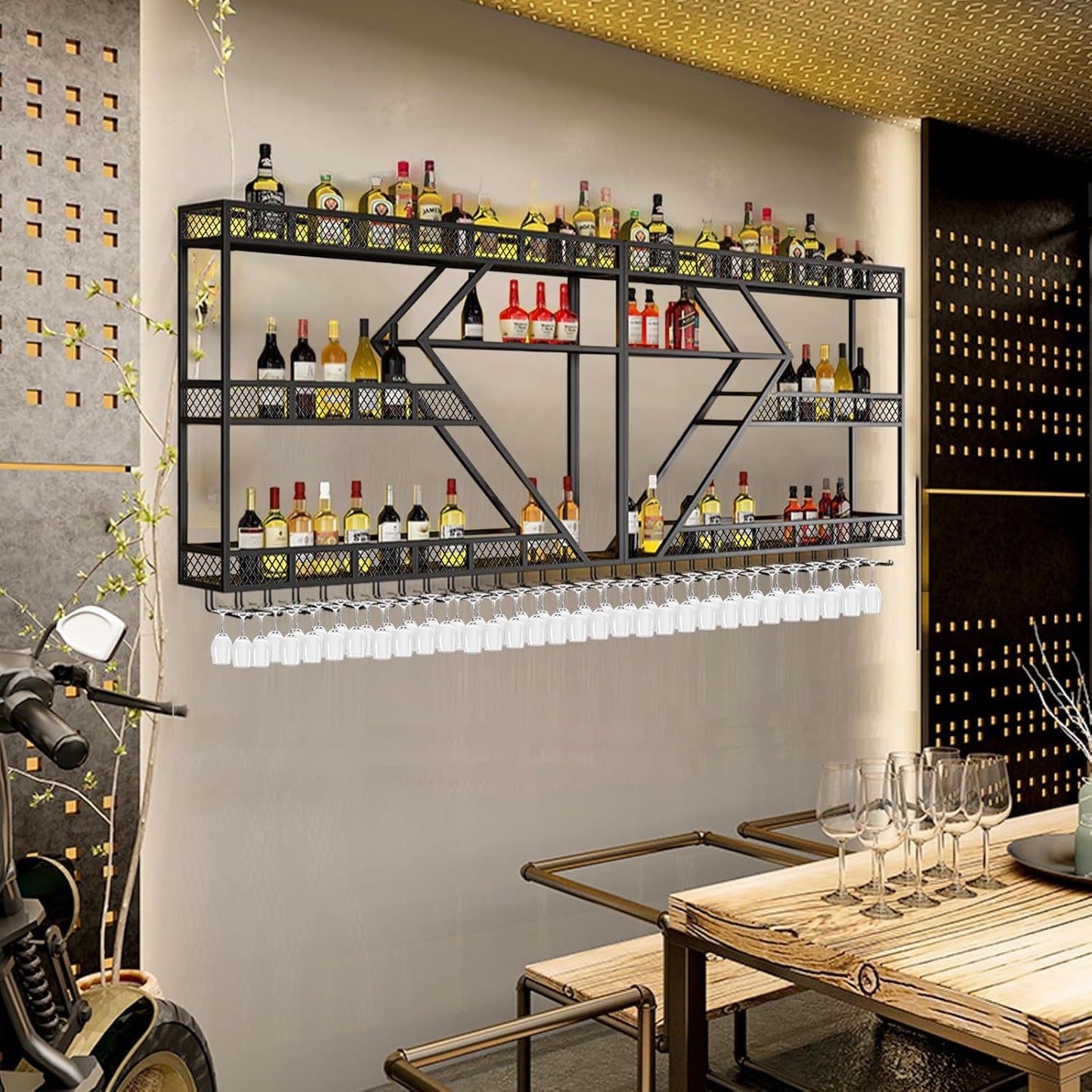 94.4in Wine Rack Wall Mounted, Modern Wine Storage Rack Wall Mounted with Wine Glass Holder, Liquor Shelf, Bar Shelves for Liquor Bottles (3TIERS Black, 94.48 * 7.87 * 33.85INCH)