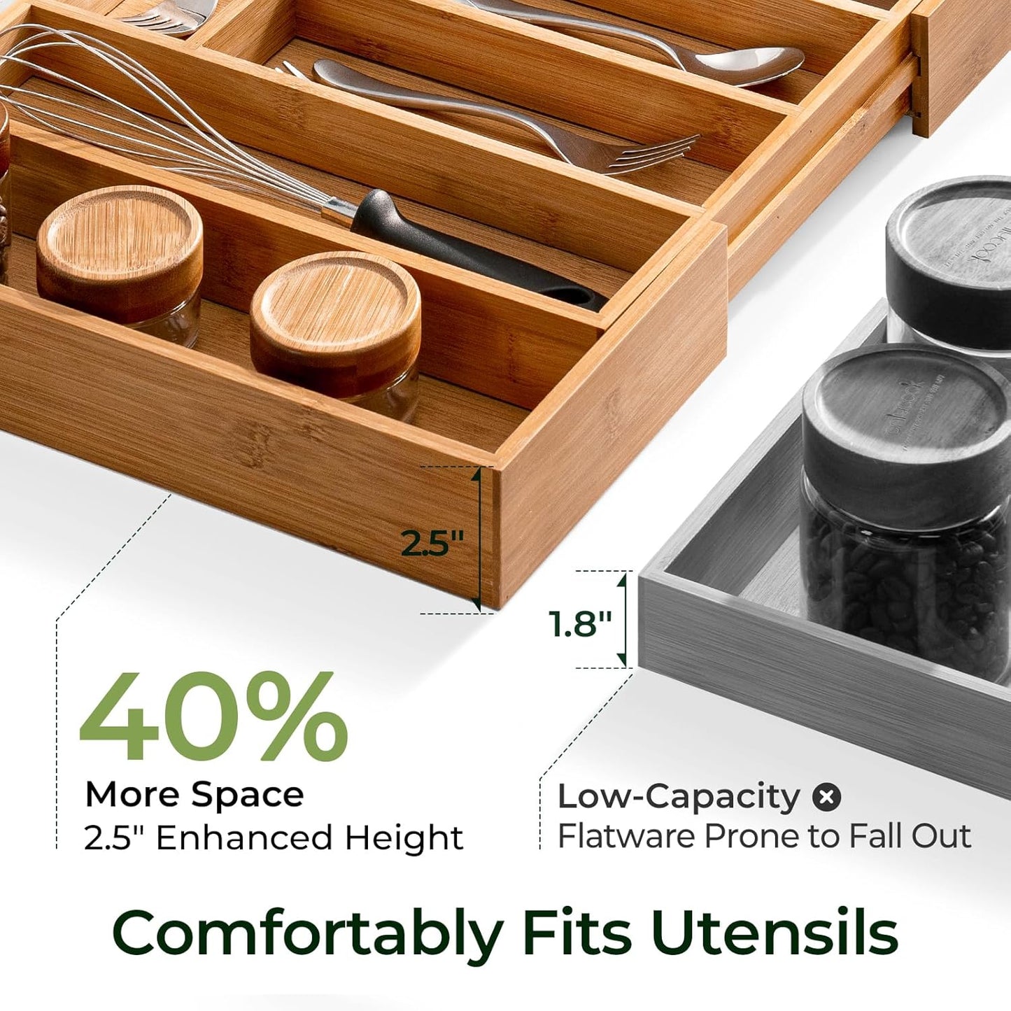 Carbonized Large Bamboo Kitchen Drawer Organizer, 12 Slots Expandable Silverware Organizer, Utensil Holder & Cutlery Tray, 2.5" Deep for Extra Capacity, Non-Slip Feet Included