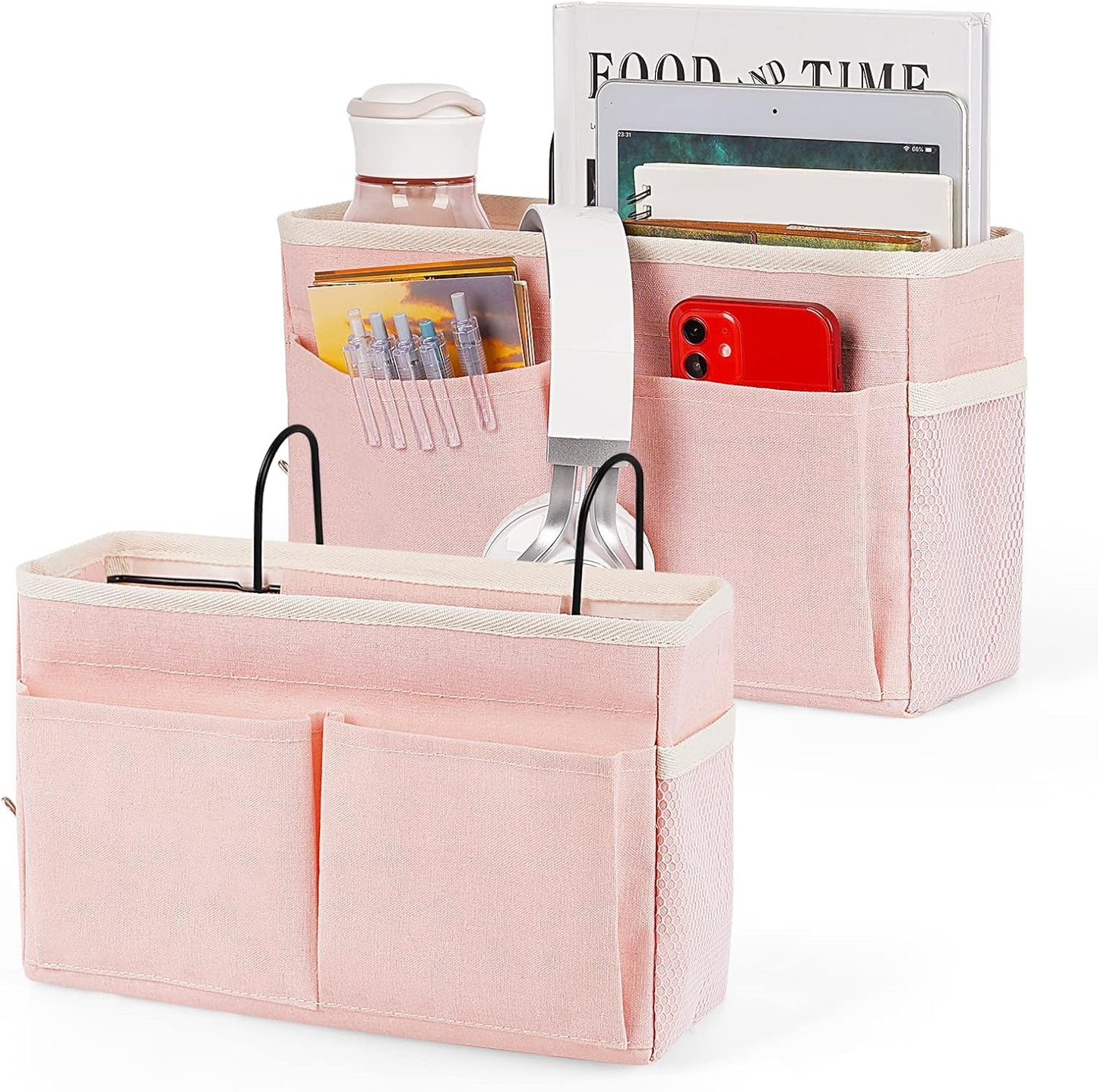 Bedside Caddy Bedside Storage Organizer Hanging Bunk Bed Dorm Room with Side Pockets for Water Bottles, Books, Cell Phones, Headphones 2 Pack (Pink)