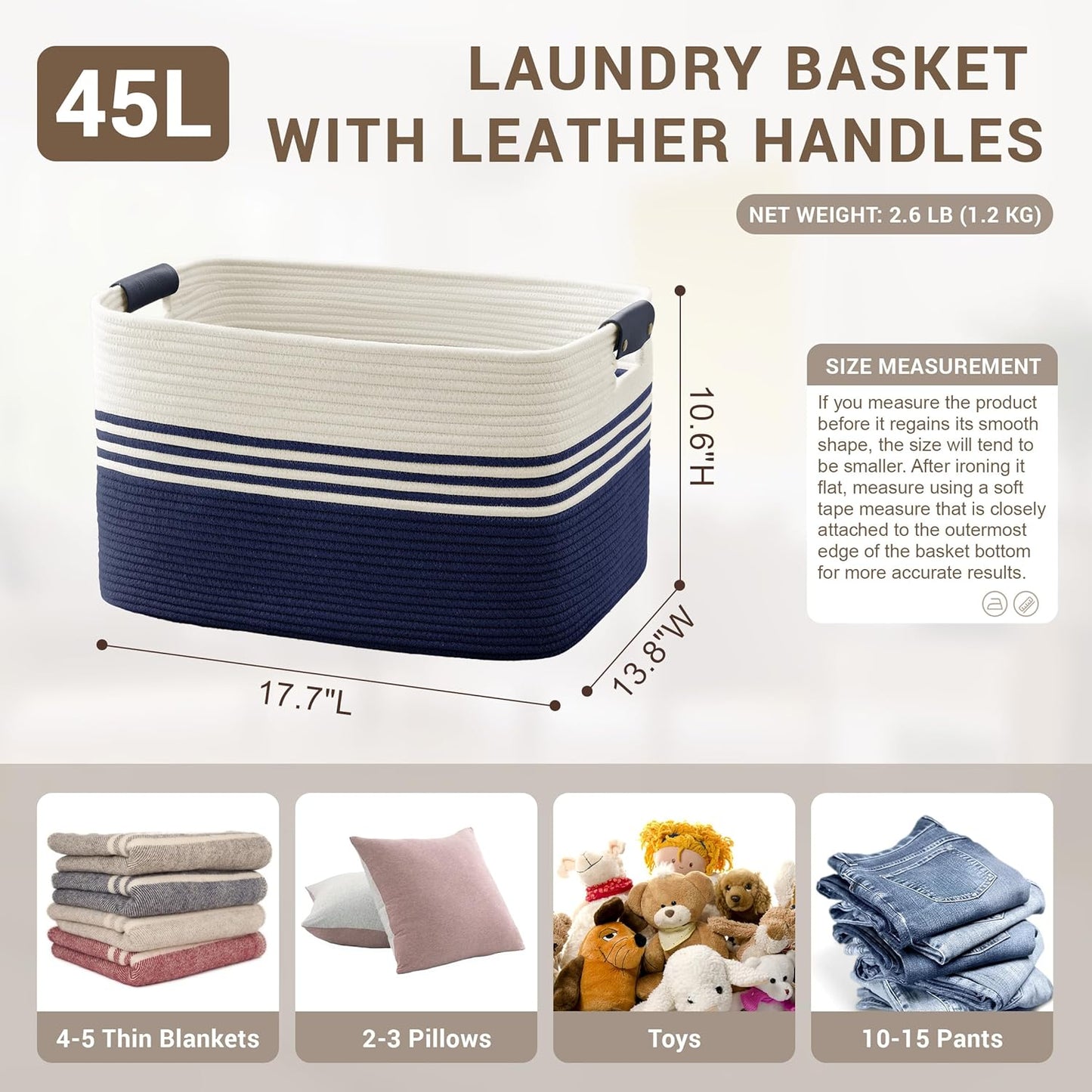 45L Small Laundry Basket with Leather Handles for Living Room Storage, Woven Rope Baskets Bin for Blanket, Kids Toy, Gifts, Wicker Hamper for Bedroom Dirty Clothes, 18"x14"x11" White Navy