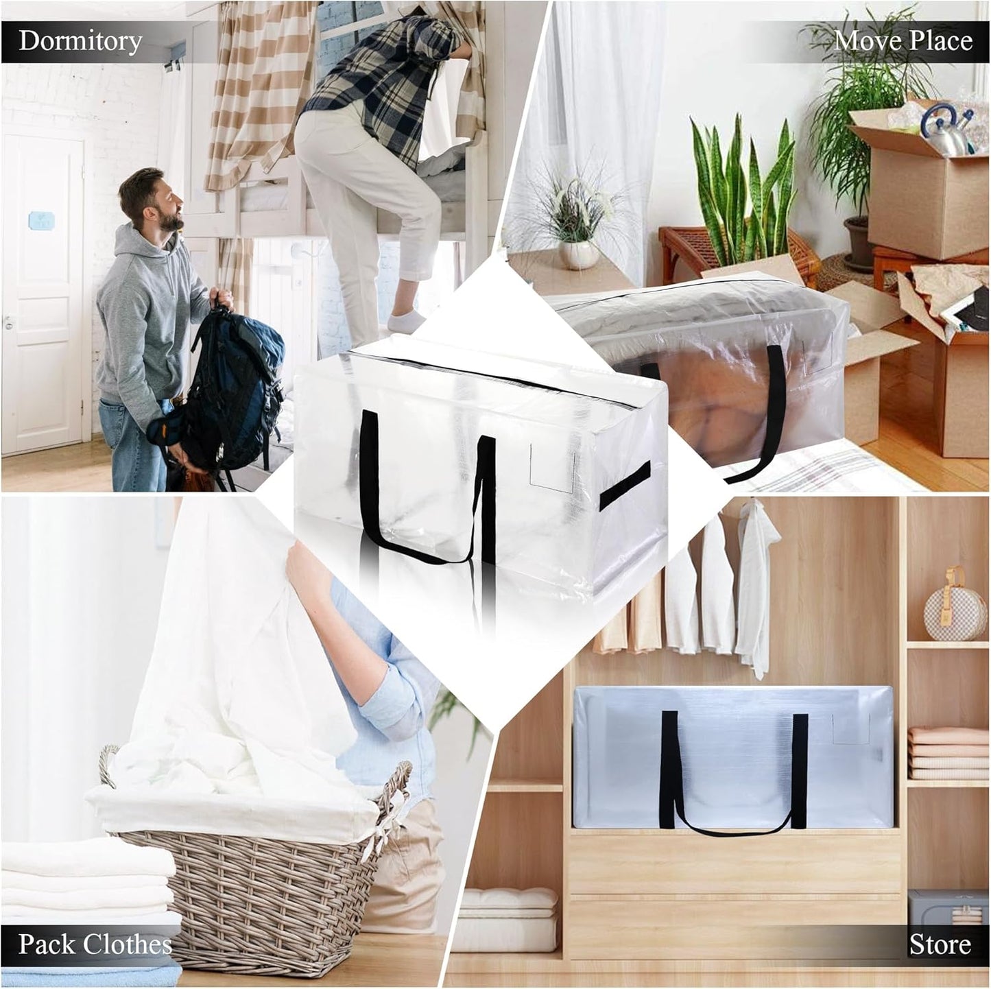 8 Pack Heavy Duty Extra Large Moving Bags with Black Handles, Waterproof Foldable Storage Totes,Clothing Storage Bags,Packing Moving Boxes for College Supplies & Seasonal Storage,Clear