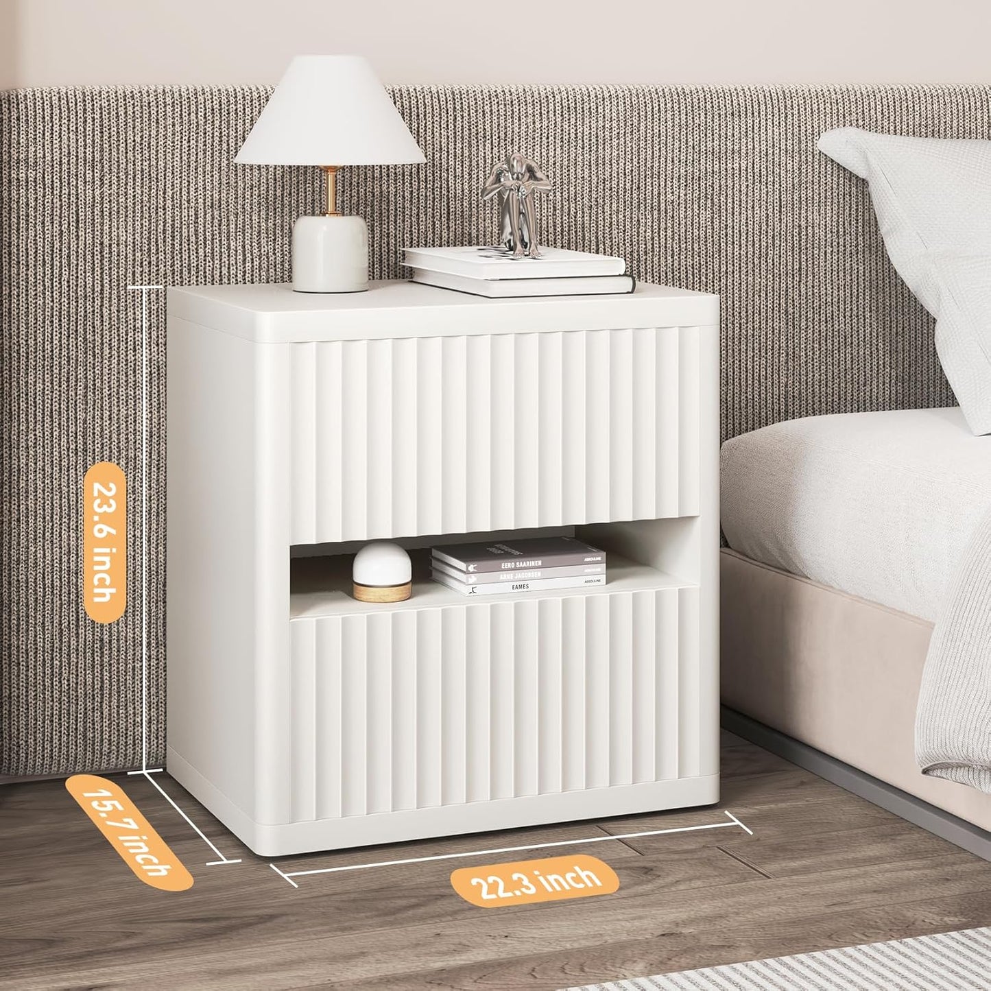 Dripex Fluted Nightstand with 2 Drawers, Large Wide Wood Night Stand Bedside Tables for Bedroom, Mid-Century Modern Storage Bed Side Table, End Tables for Living Room Sofa Couch, White, Set of 1