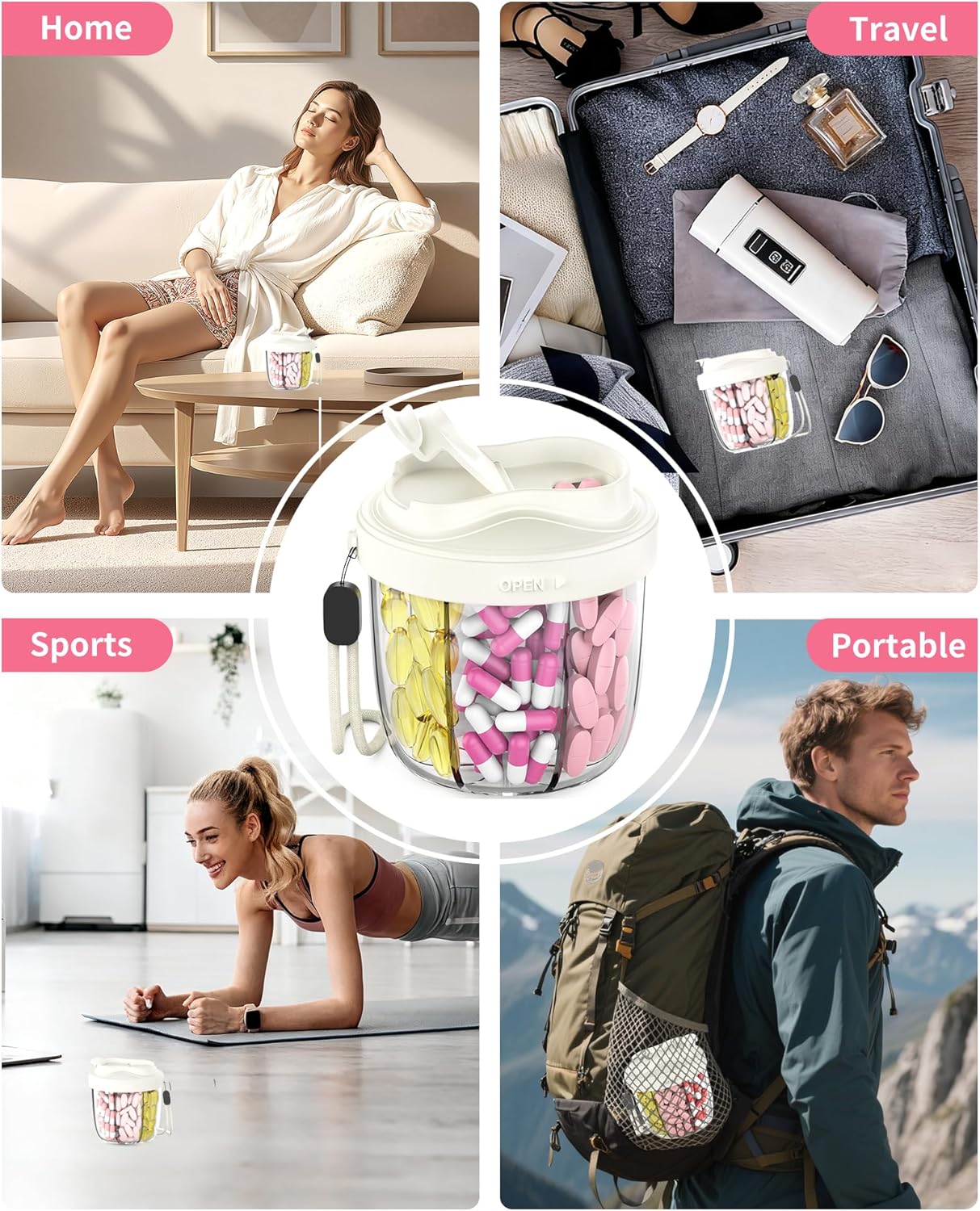 Pill Organizer,Pill Dispenser with 7 Large Compartments,Portable Pill Box for Travel, Anti-Mix Design & Wide Opening Design, Easy Access to Vitamin Dispenser, Includes 20 Blank Stickers(White)
