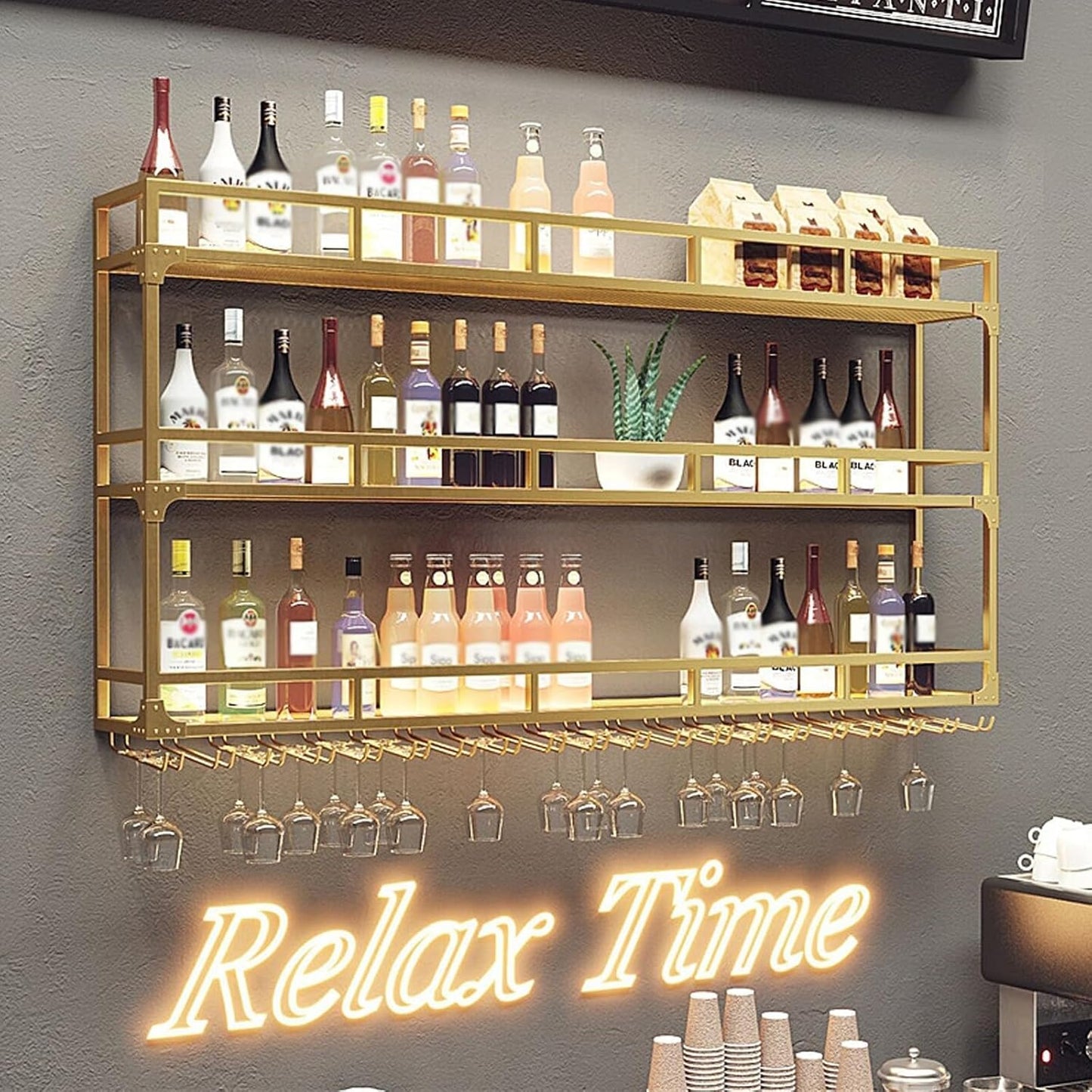 70.8in Wall Mounted Wine Rack, Wine Rack Wall Mounted with Wine Glass Rack, Metal Bar Bottle Display Shelf Wine Cups Hanging Holder, for Home Bar Cafe Decoration (Gold, 70.8 * 10 * 35.5IN)