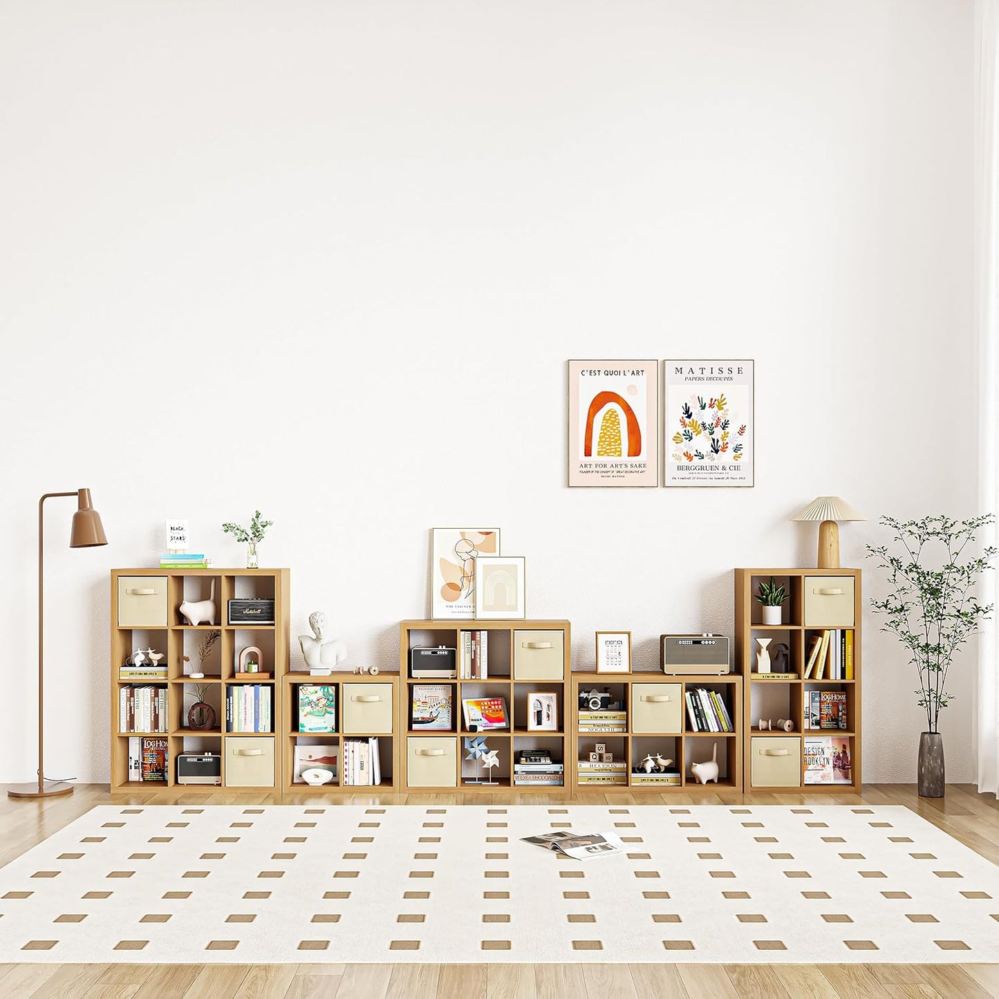 furtble Bookshelf with Storage Bins, 12-Cube Storage Organizer, Modern Wood Open Bookcase, Multifunctional Display Shelf for Living Room, Bedroom, Home Office, Oak