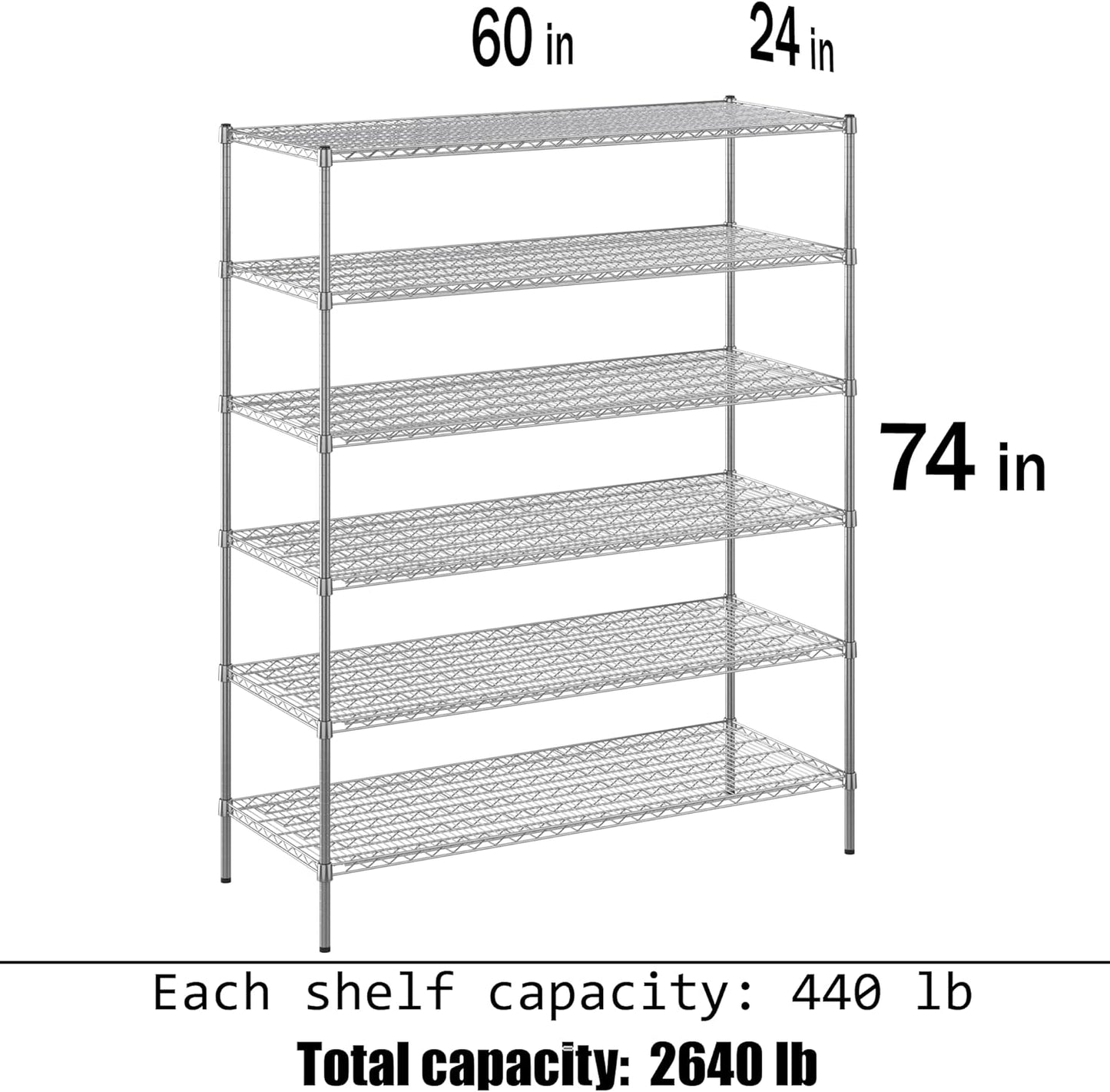 24" Deep x 60" Wide x 74" Height Wire Shelving Kit | 6-Tier | NSF Commercial Storage Rack Unit