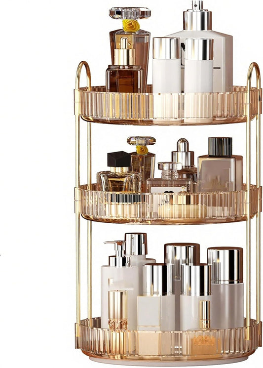 YCIA&DONE 360 Rotating Makeup Organizer and Storage for Vanity Countertop 3 Tiers, High Capacity Cosmetic Skincare Perfume Organizers for Dresser Bathroom Lazy Susan (Amber Gold)