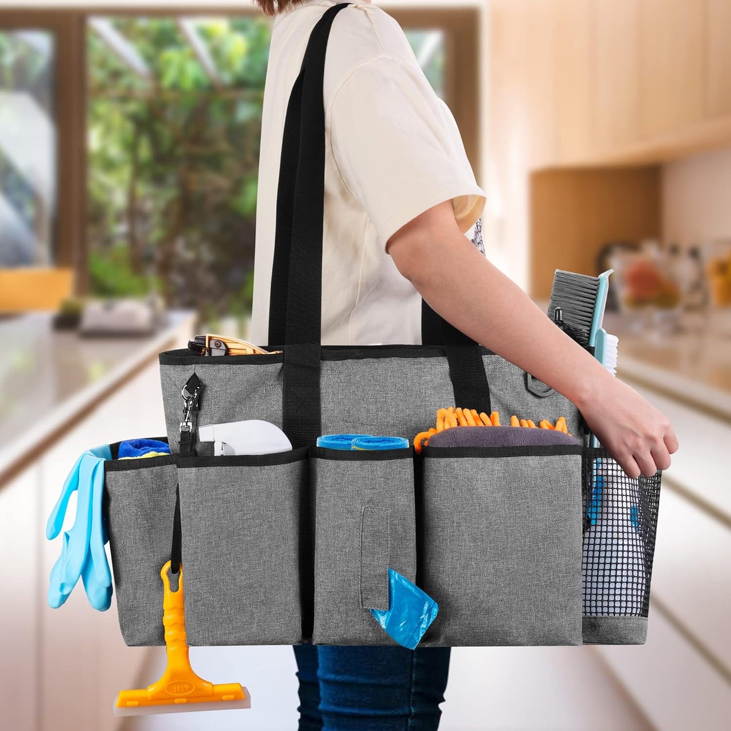 LoDrid Professional Cleaning Tote Caddy for Cleaning Supplies, Cleaning Bag Organizer with Dividers and Handle Strap for Housekeepers Work, Gray, (Bag Only)